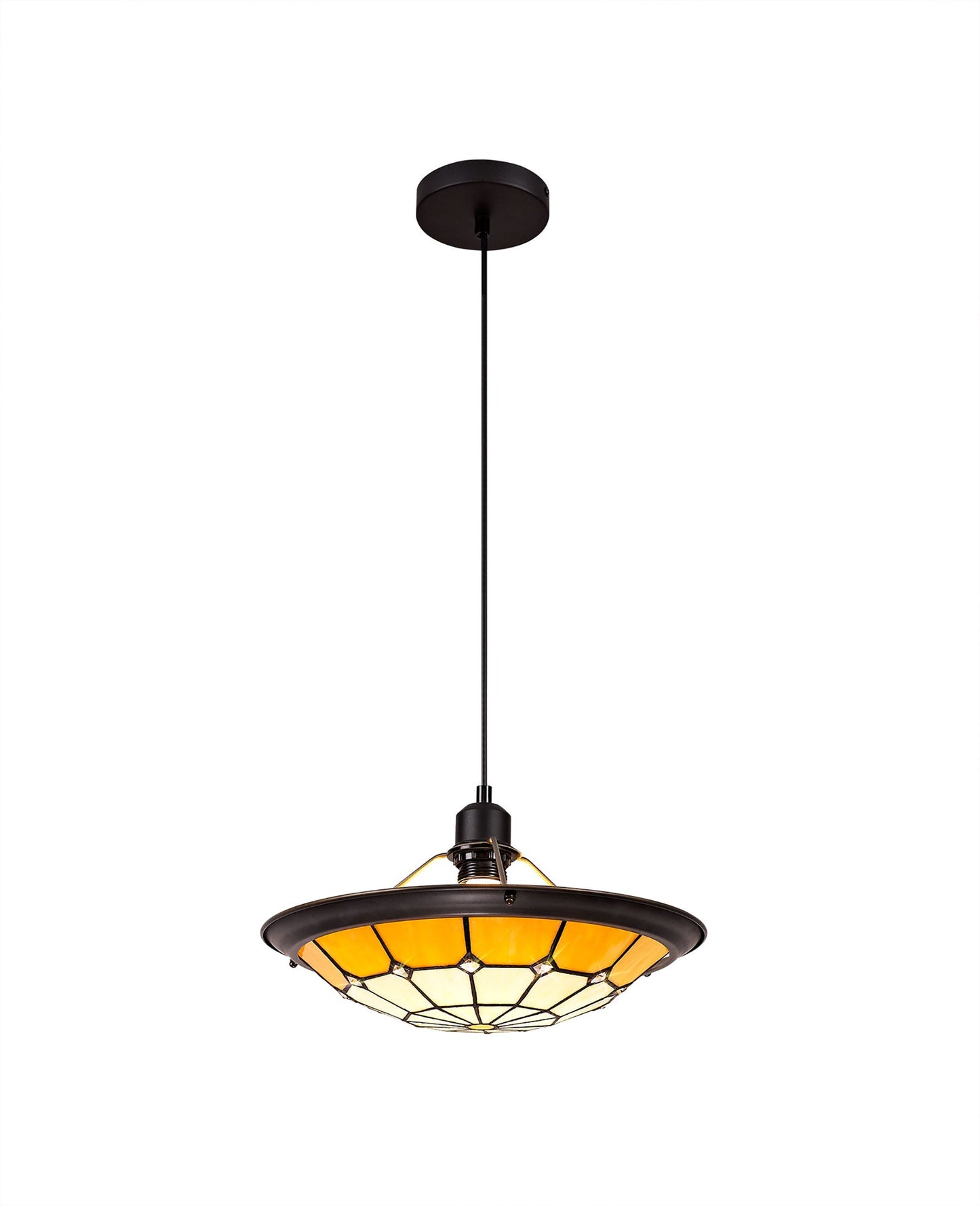 Saltney 1 Light Pendant E27 With 35cm Tiffany Shade, Cream and Beige and Clear Crystal Centre and Aged Antique Brass Trim and Black