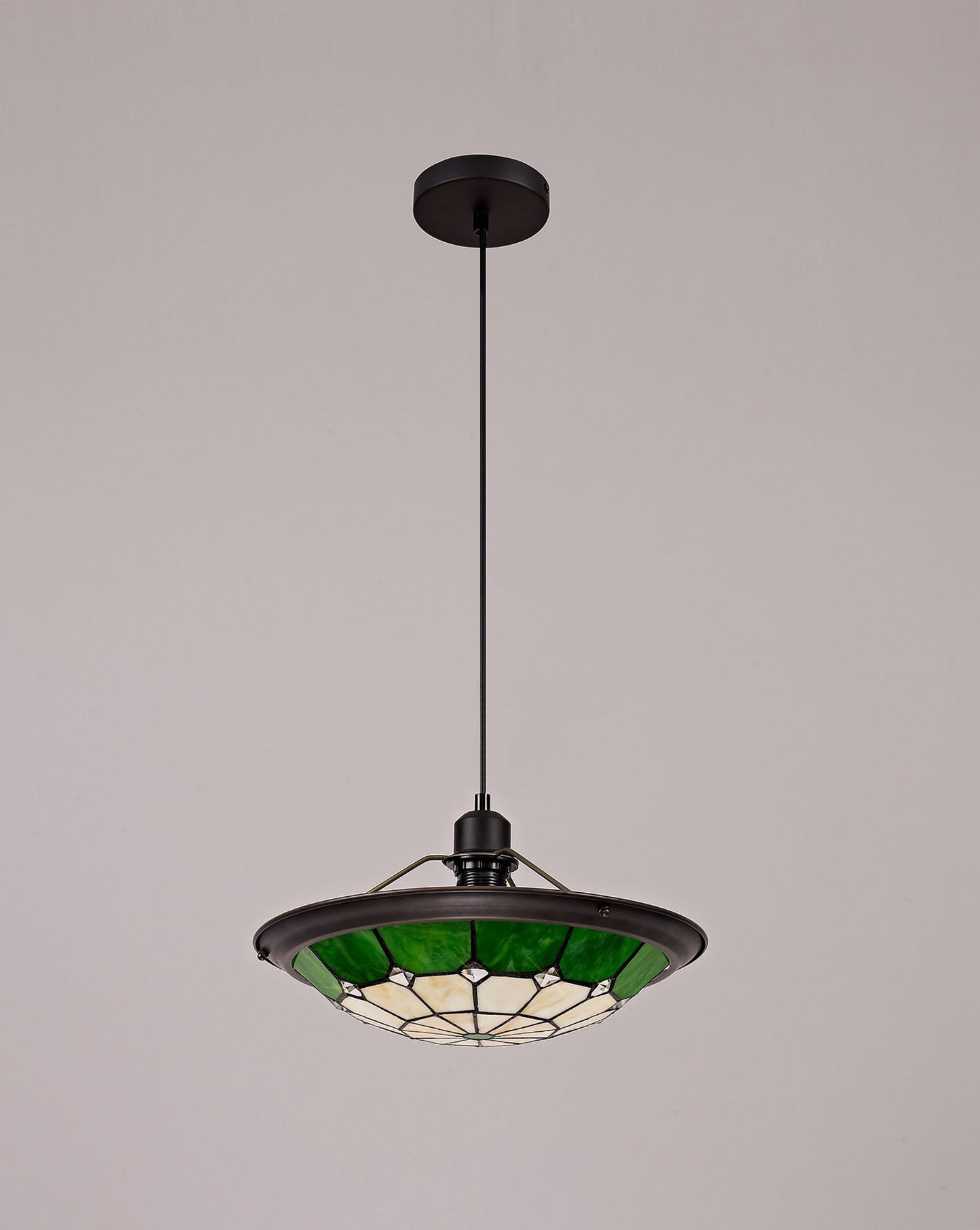 Saltney 1 Light Pendant E27 With 35cm Tiffany Shade, Cream and Green and Clear Crystal Centre and Aged Antique Brass Trim and Black