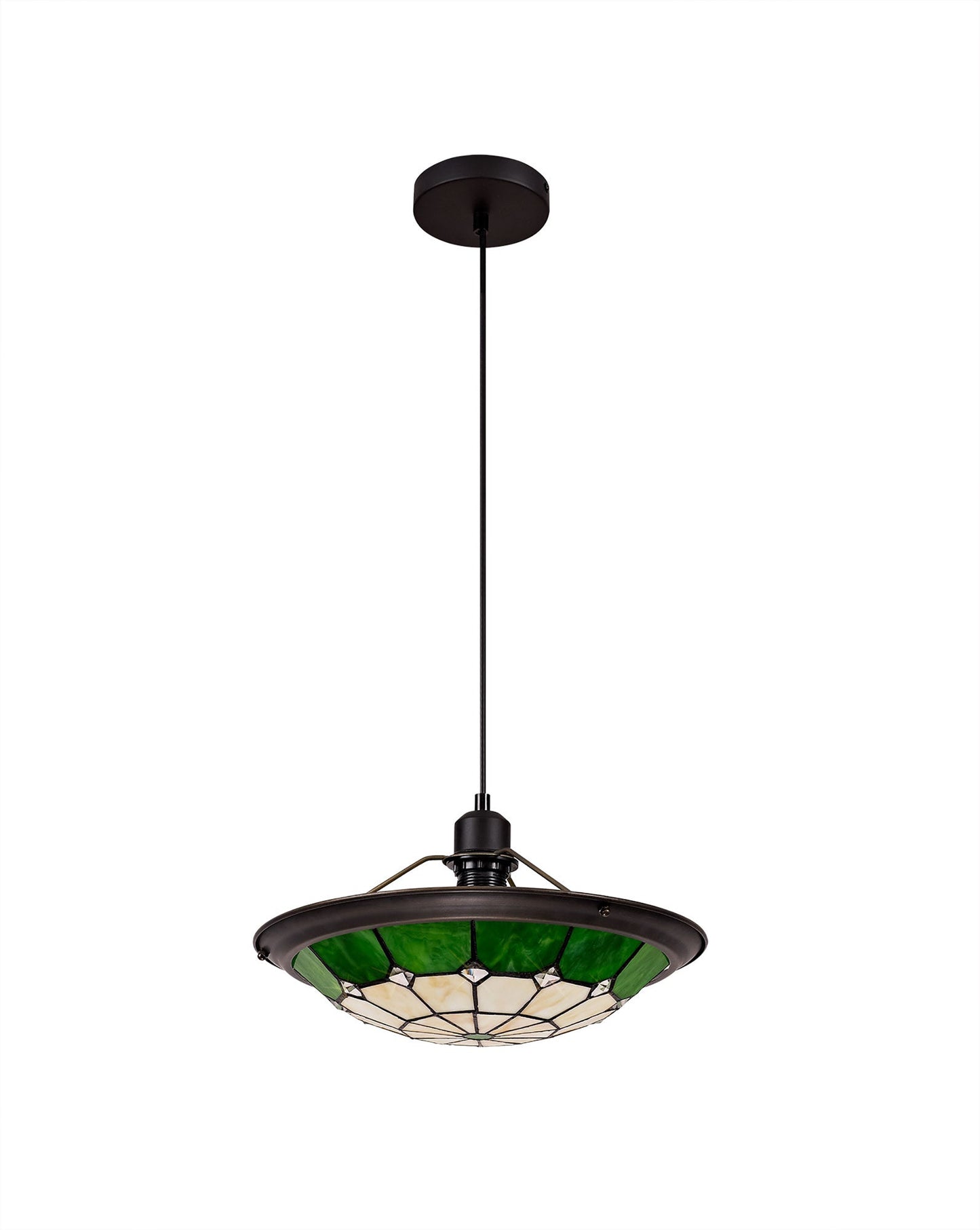 Saltney 1 Light Pendant E27 With 35cm Tiffany Shade, Cream and Green and Clear Crystal Centre and Aged Antique Brass Trim and Black