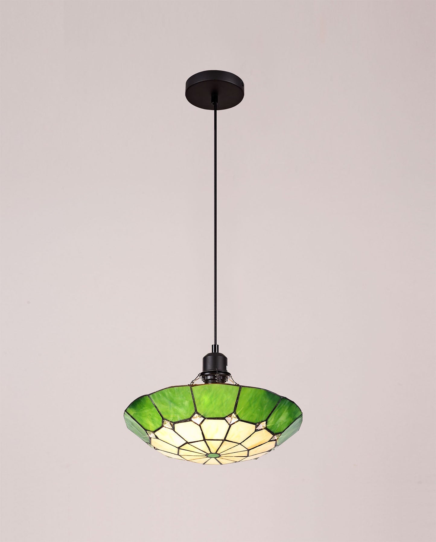 Saltney 1 Light Pendant E27 With 35cm Tiffany Shade, Cream and Green and Clear Crystal Centre and Aged Antique Brass Trim and Black