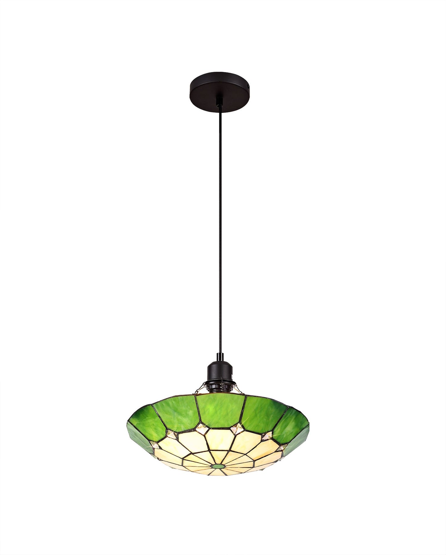 Saltney 1 Light Pendant E27 With 35cm Tiffany Shade, Cream and Green and Clear Crystal Centre and Aged Antique Brass Trim and Black