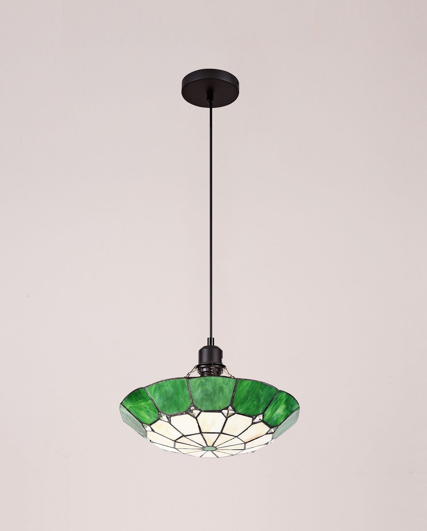 Saltney 1 Light Pendant E27 With 35cm Tiffany Shade, Cream and Green and Clear Crystal Centre and Aged Antique Brass Trim and Black