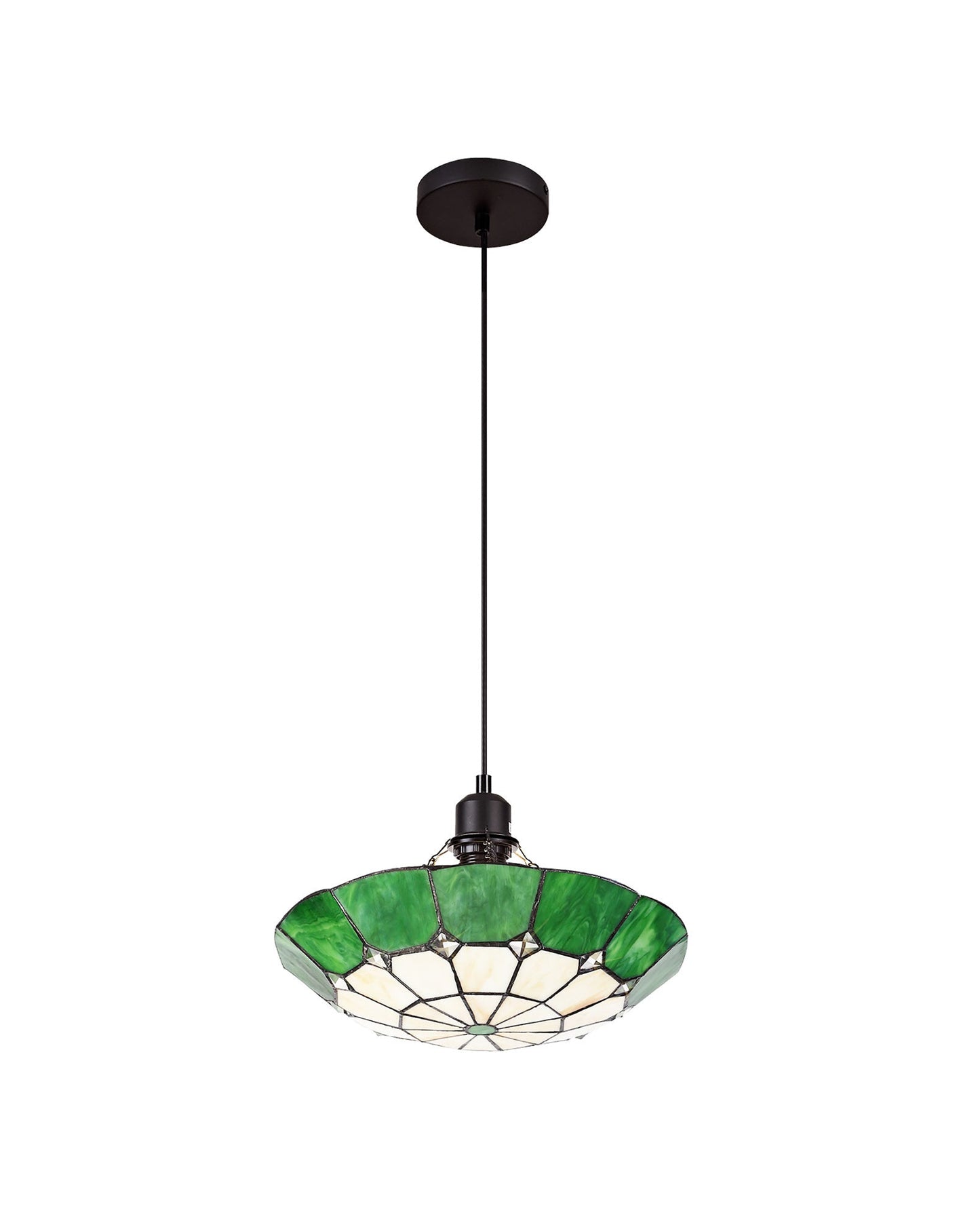 Saltney 1 Light Pendant E27 With 35cm Tiffany Shade, Cream and Green and Clear Crystal Centre and Aged Antique Brass Trim and Black