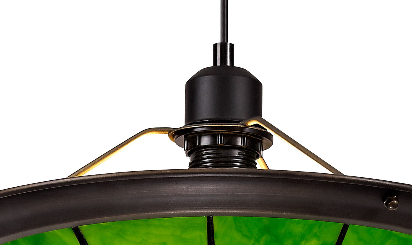 Saltney 1 Light Pendant E27 With 35cm Tiffany Shade, Cream and Green and Clear Crystal Centre and Aged Antique Brass Trim and Black