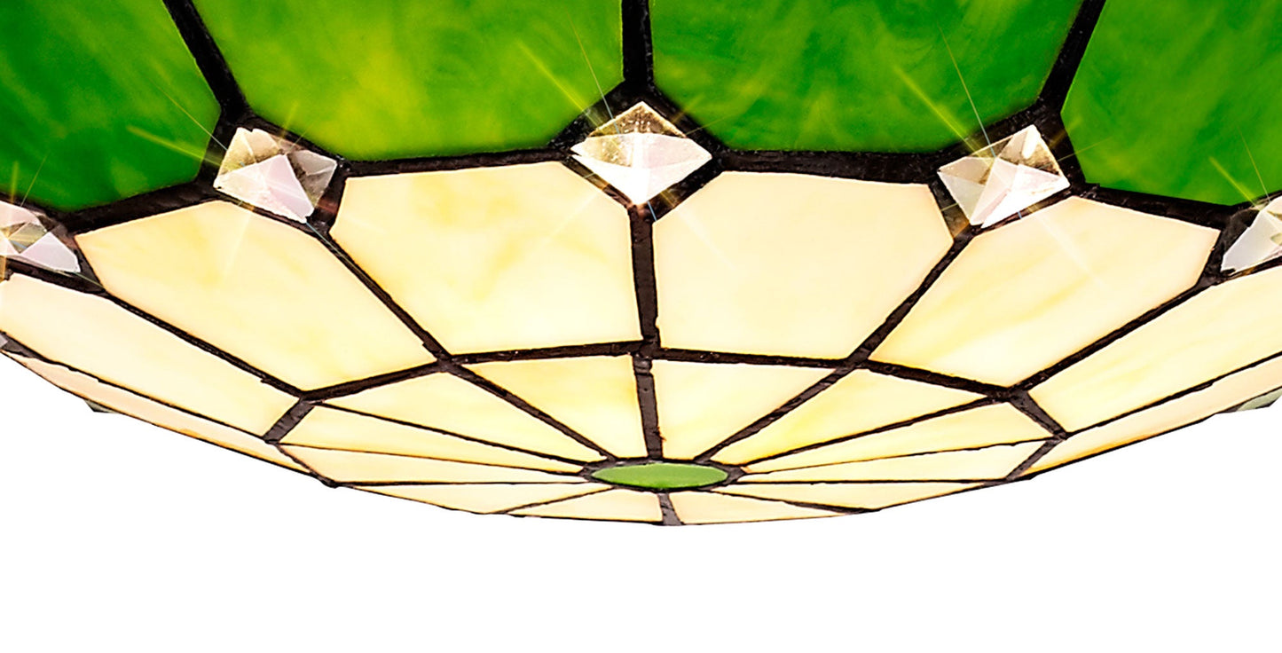 Saltney 1 Light Pendant E27 With 35cm Tiffany Shade, Cream and Green and Clear Crystal Centre and Aged Antique Brass Trim and Black