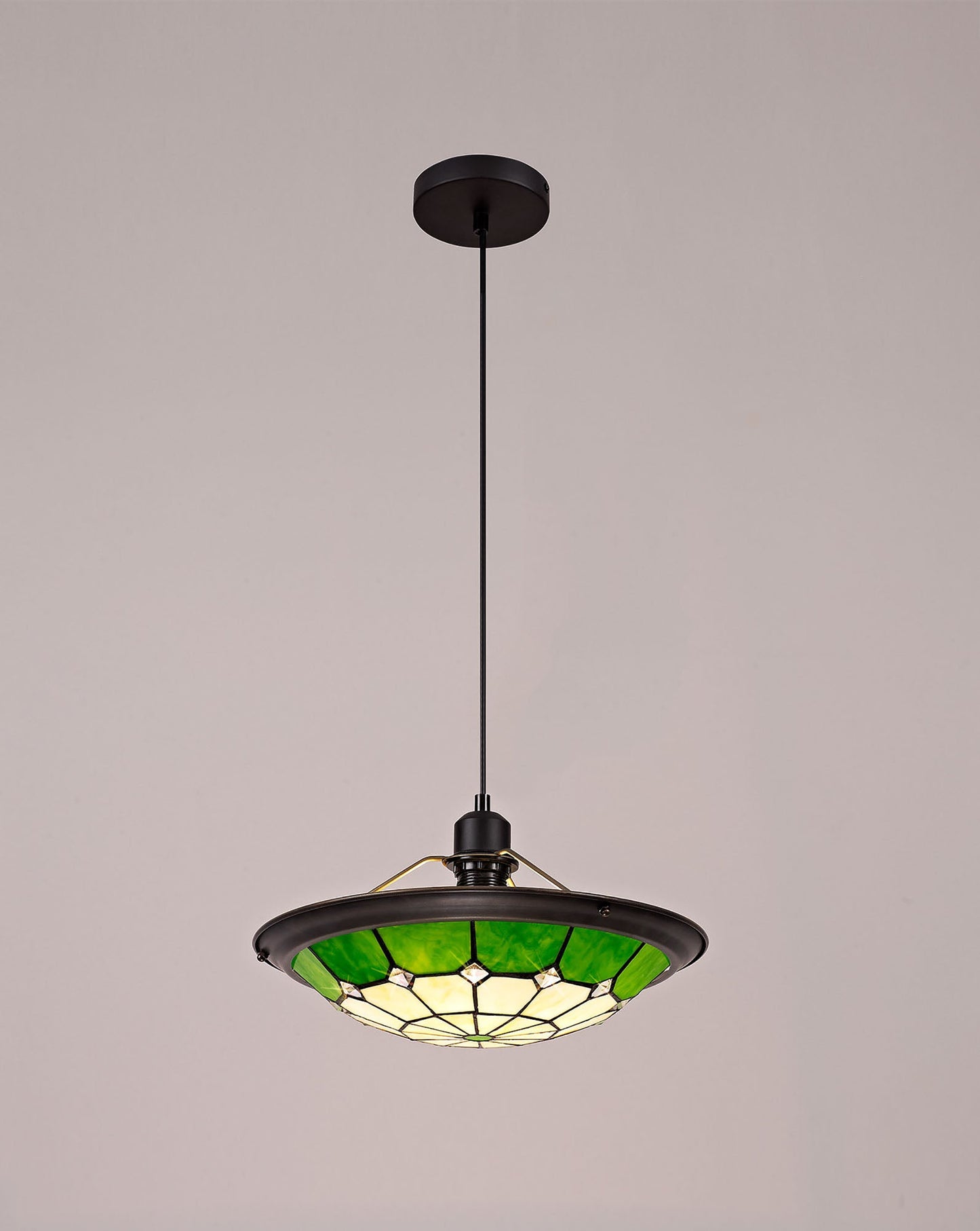 Saltney 1 Light Pendant E27 With 35cm Tiffany Shade, Cream and Green and Clear Crystal Centre and Aged Antique Brass Trim and Black