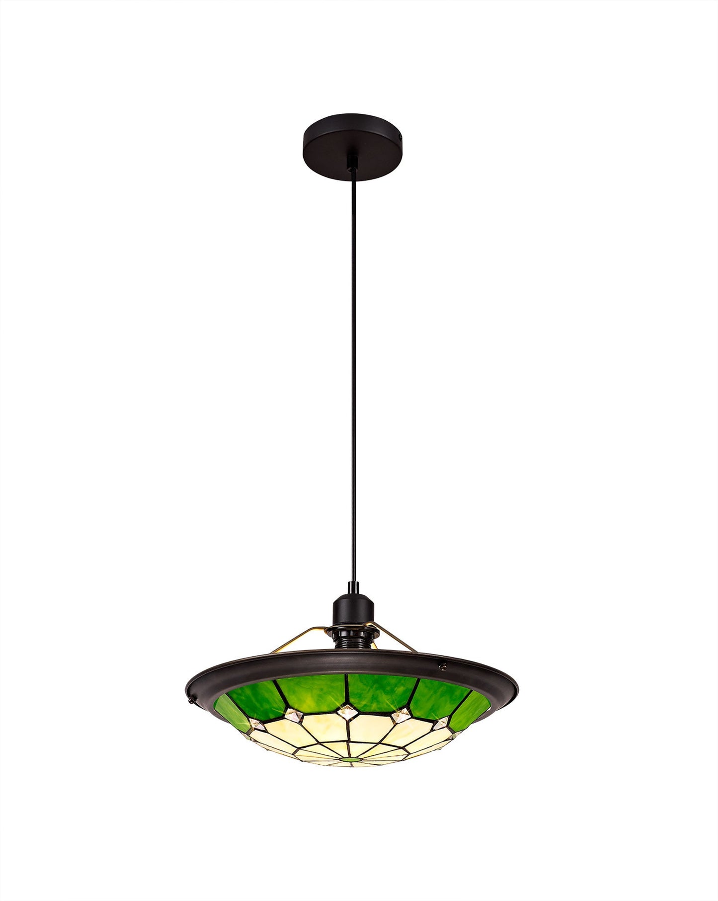 Saltney 1 Light Pendant E27 With 35cm Tiffany Shade, Cream and Green and Clear Crystal Centre and Aged Antique Brass Trim and Black