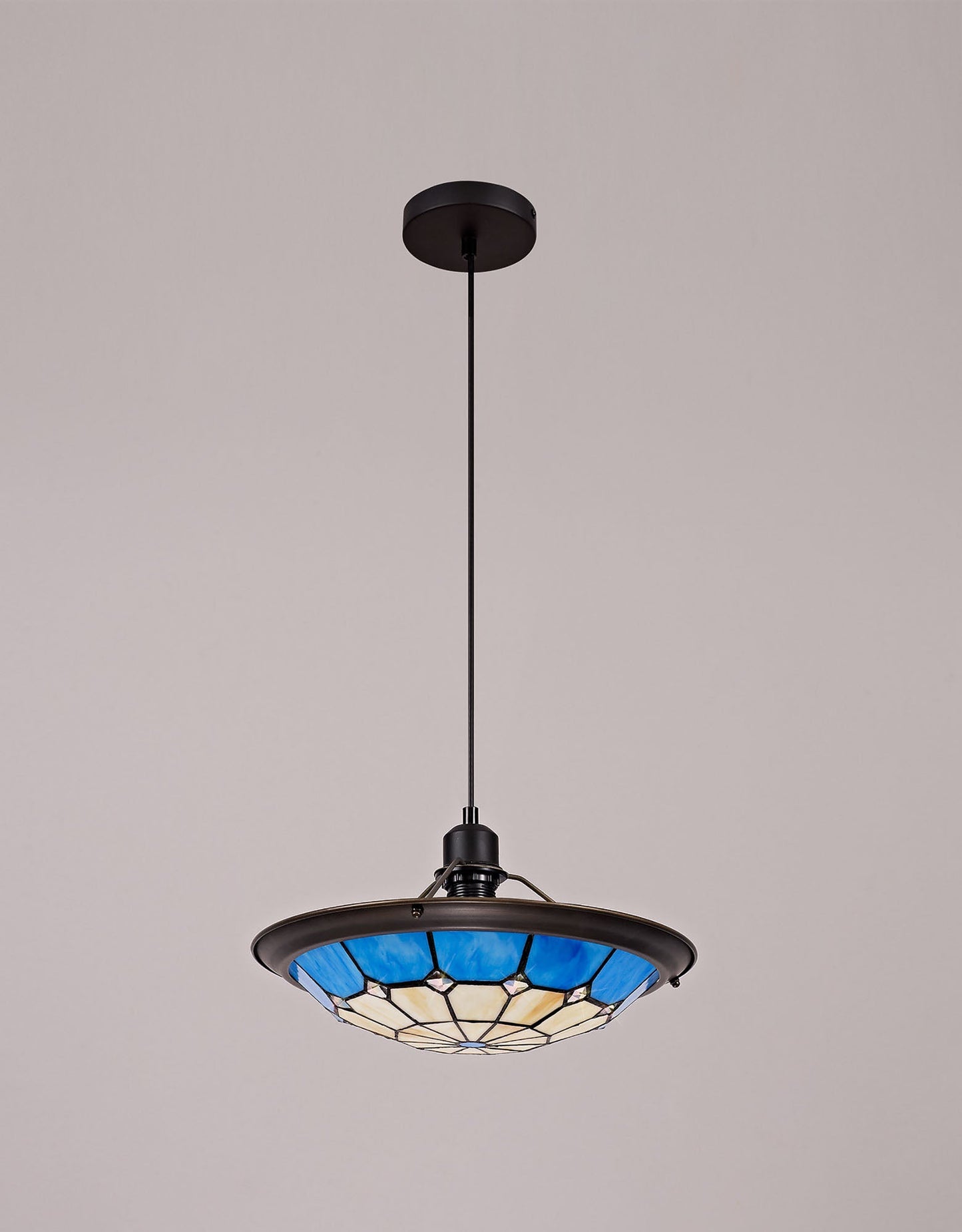 Saltney 1 Light Pendant E27 With 35cm Tiffany Shade, Cream and Rich Blue and Clear Crystal Centre and Aged Antique Brass Trim and Black