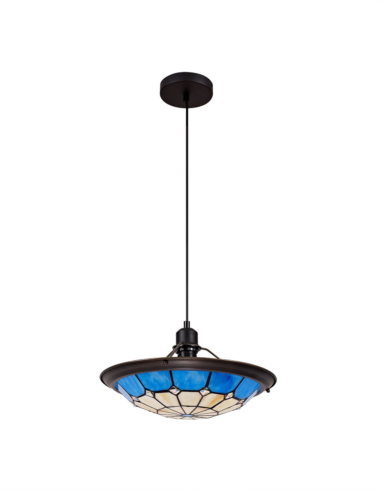 Saltney 1 Light Pendant E27 With 35cm Tiffany Shade, Cream and Rich Blue and Clear Crystal Centre and Aged Antique Brass Trim and Black