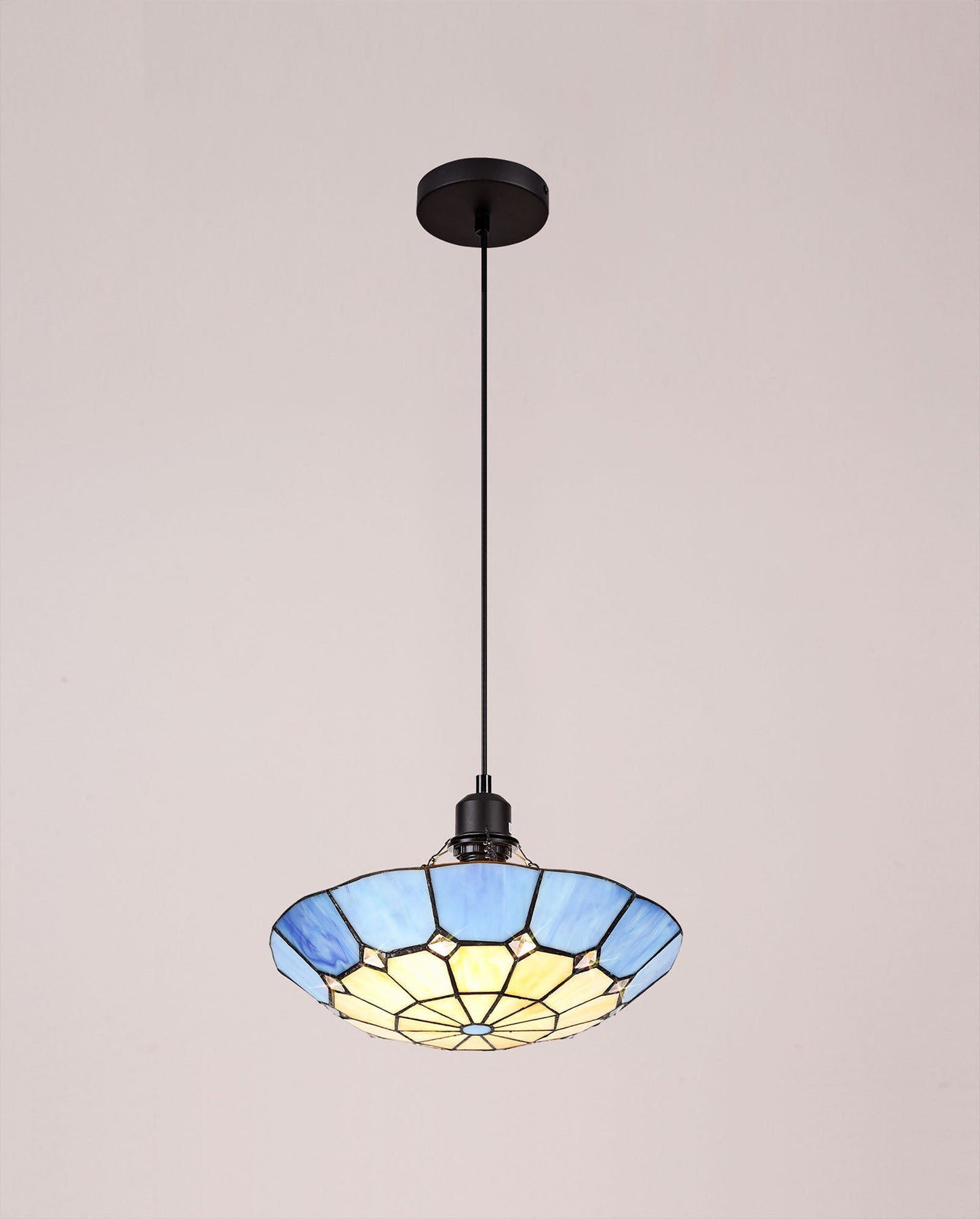 Saltney 1 Light Pendant E27 With 35cm Tiffany Shade, Cream and Rich Blue and Clear Crystal Centre and Aged Antique Brass Trim and Black