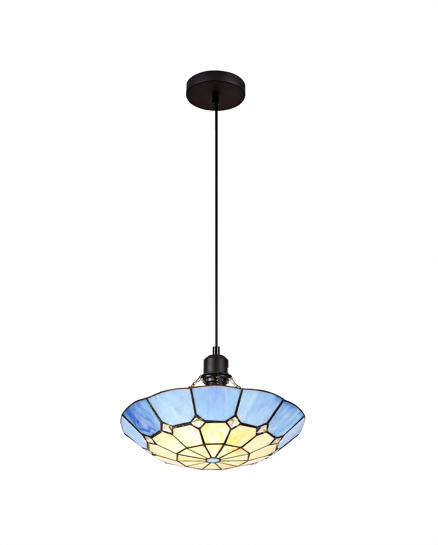 Saltney 1 Light Pendant E27 With 35cm Tiffany Shade, Cream and Rich Blue and Clear Crystal Centre and Aged Antique Brass Trim and Black