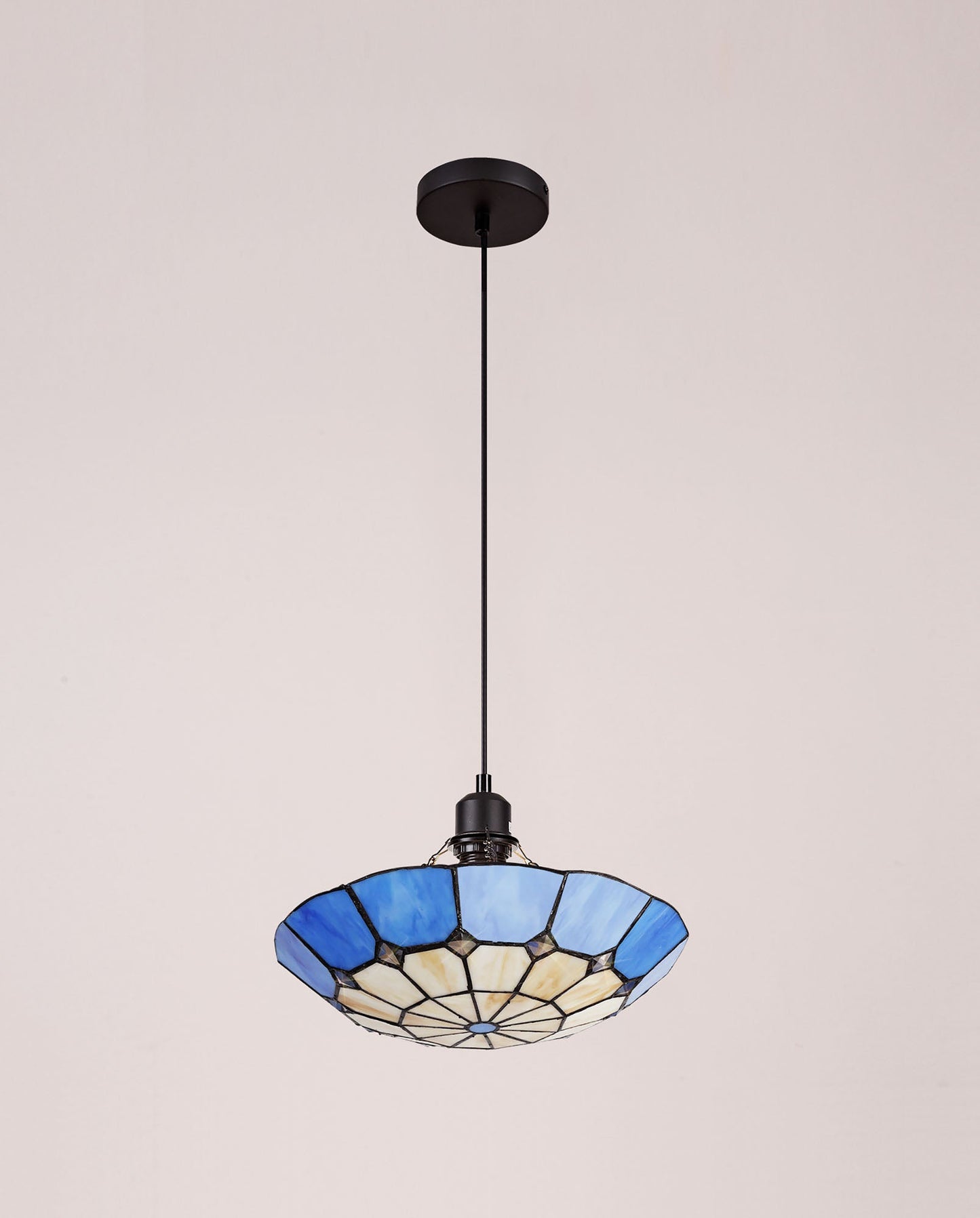 Saltney 1 Light Pendant E27 With 35cm Tiffany Shade, Cream and Rich Blue and Clear Crystal Centre and Aged Antique Brass Trim and Black