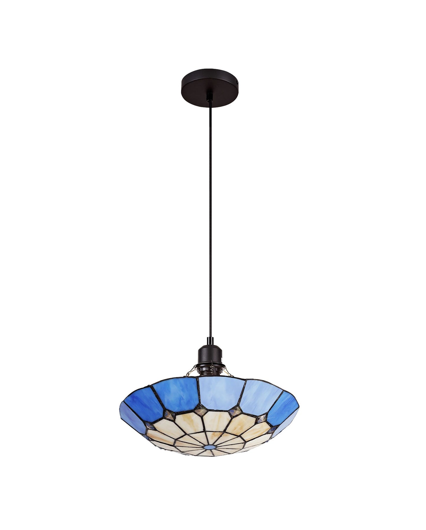 Saltney 1 Light Pendant E27 With 35cm Tiffany Shade, Cream and Rich Blue and Clear Crystal Centre and Aged Antique Brass Trim and Black