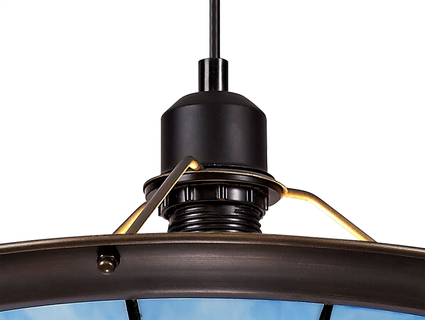 Saltney 1 Light Pendant E27 With 35cm Tiffany Shade, Cream and Rich Blue and Clear Crystal Centre and Aged Antique Brass Trim and Black