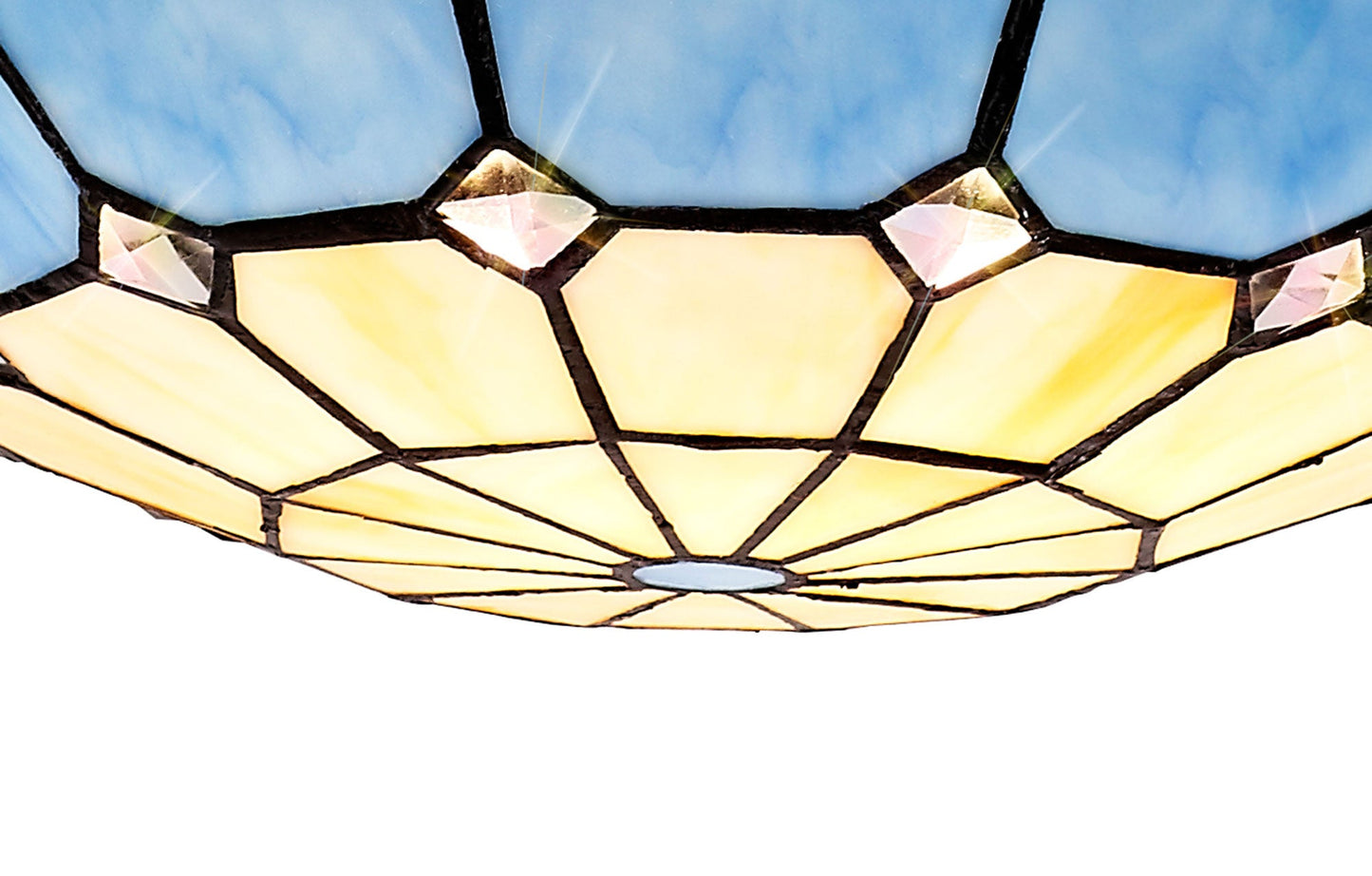 Saltney 1 Light Pendant E27 With 35cm Tiffany Shade, Cream and Rich Blue and Clear Crystal Centre and Aged Antique Brass Trim and Black