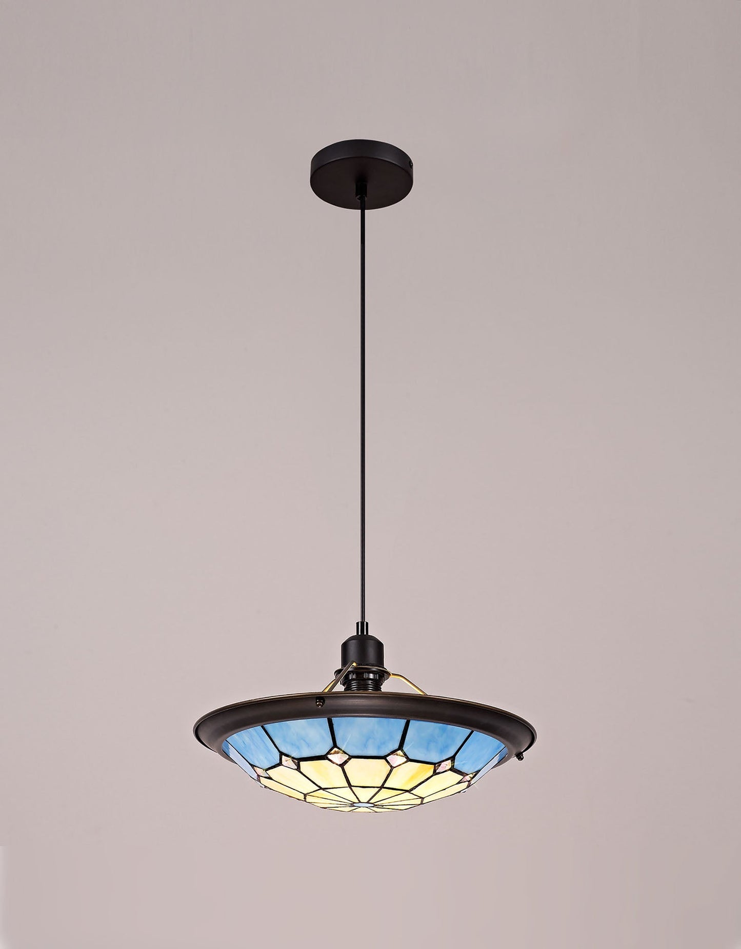 Saltney 1 Light Pendant E27 With 35cm Tiffany Shade, Cream and Rich Blue and Clear Crystal Centre and Aged Antique Brass Trim and Black