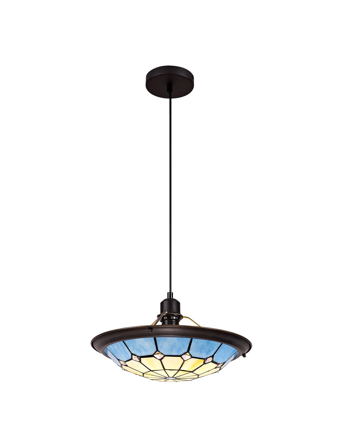 Saltney 1 Light Pendant E27 With 35cm Tiffany Shade, Cream and Rich Blue and Clear Crystal Centre and Aged Antique Brass Trim and Black