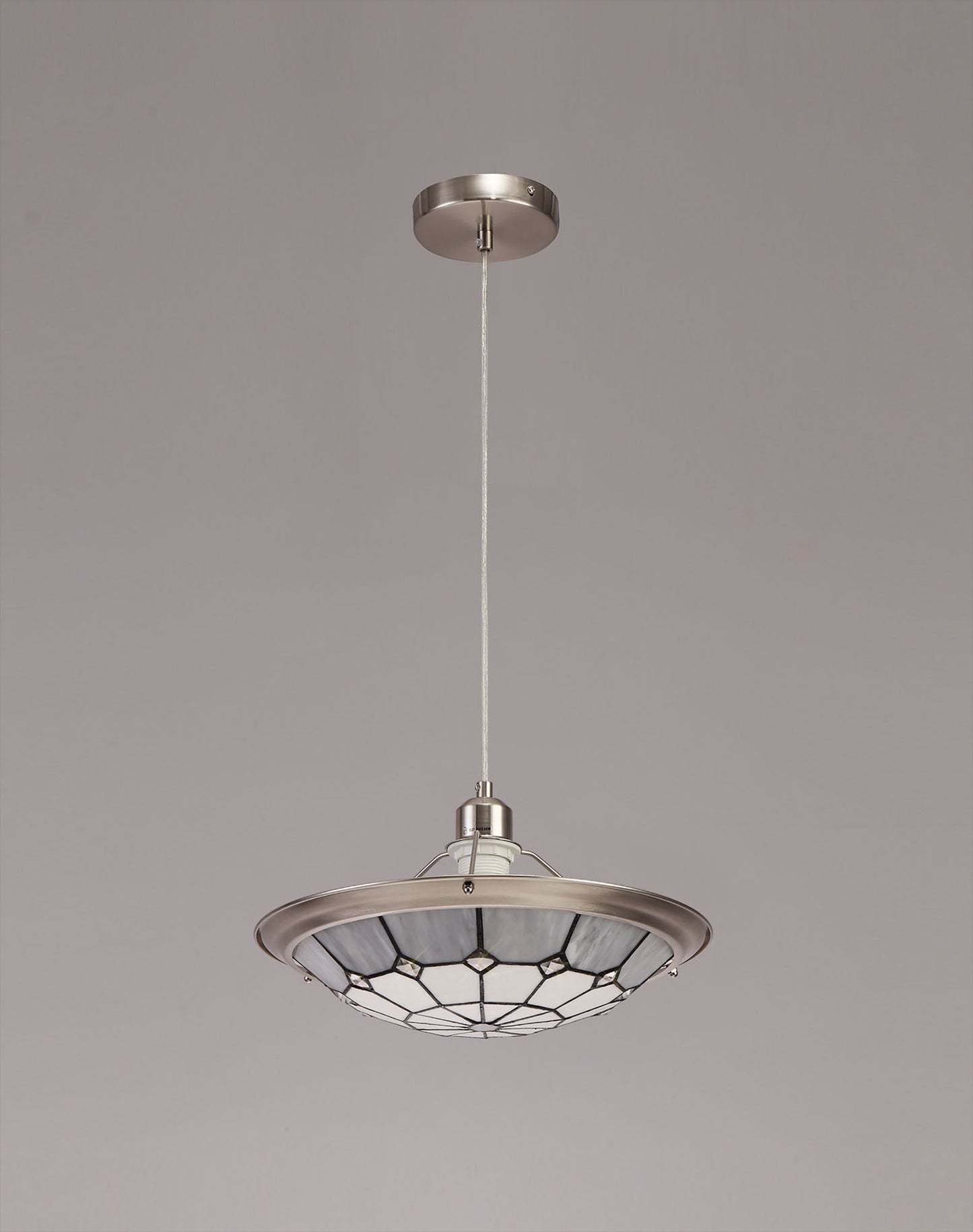Saltney 1 Light Pendant E27 With 35cm Tiffany Shade, Cream and Grey and Crystal Centre and Satin Nickel Brass Trim and Satin Nickel