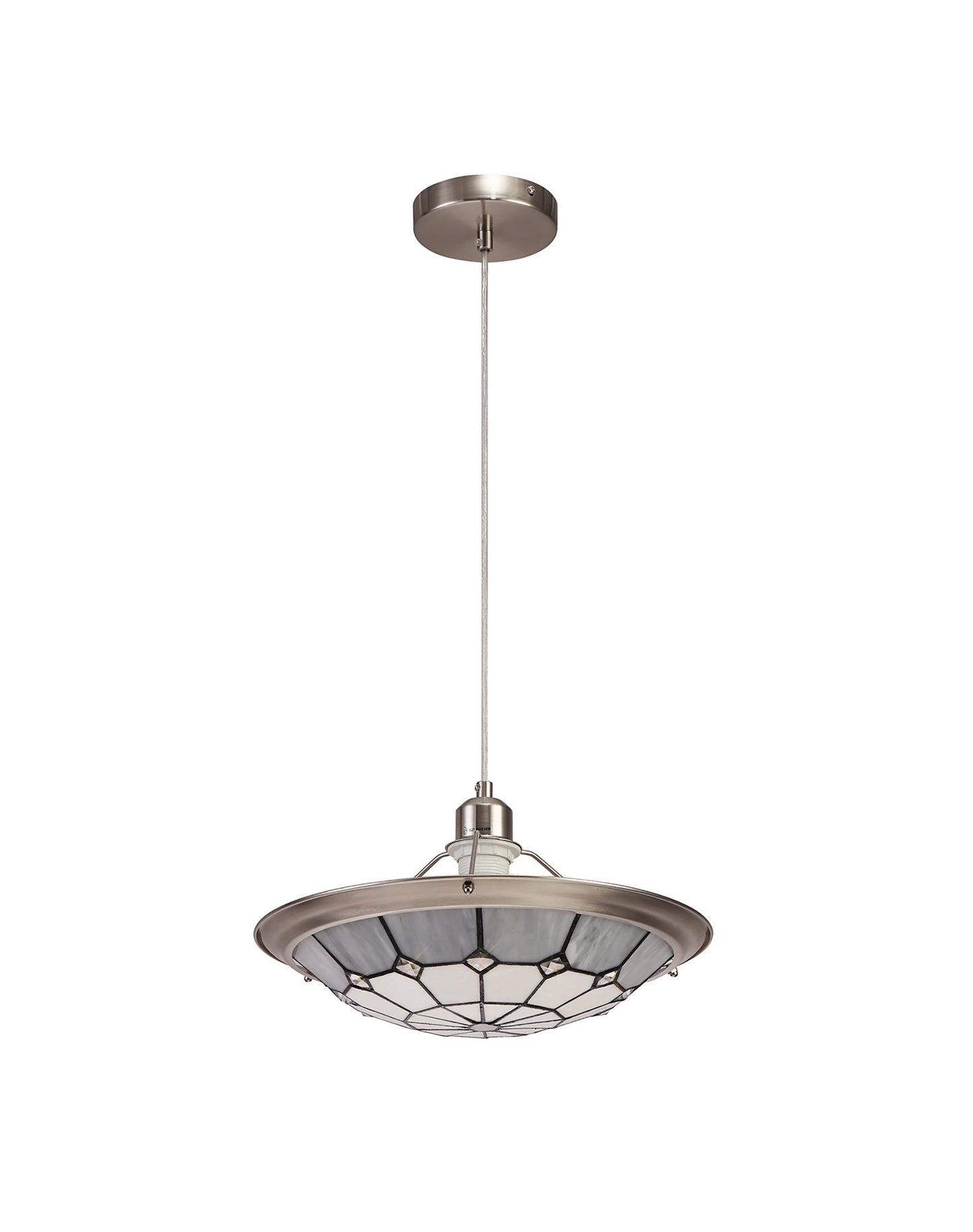 Saltney 1 Light Pendant E27 With 35cm Tiffany Shade, Cream and Grey and Crystal Centre and Satin Nickel Brass Trim and Satin Nickel