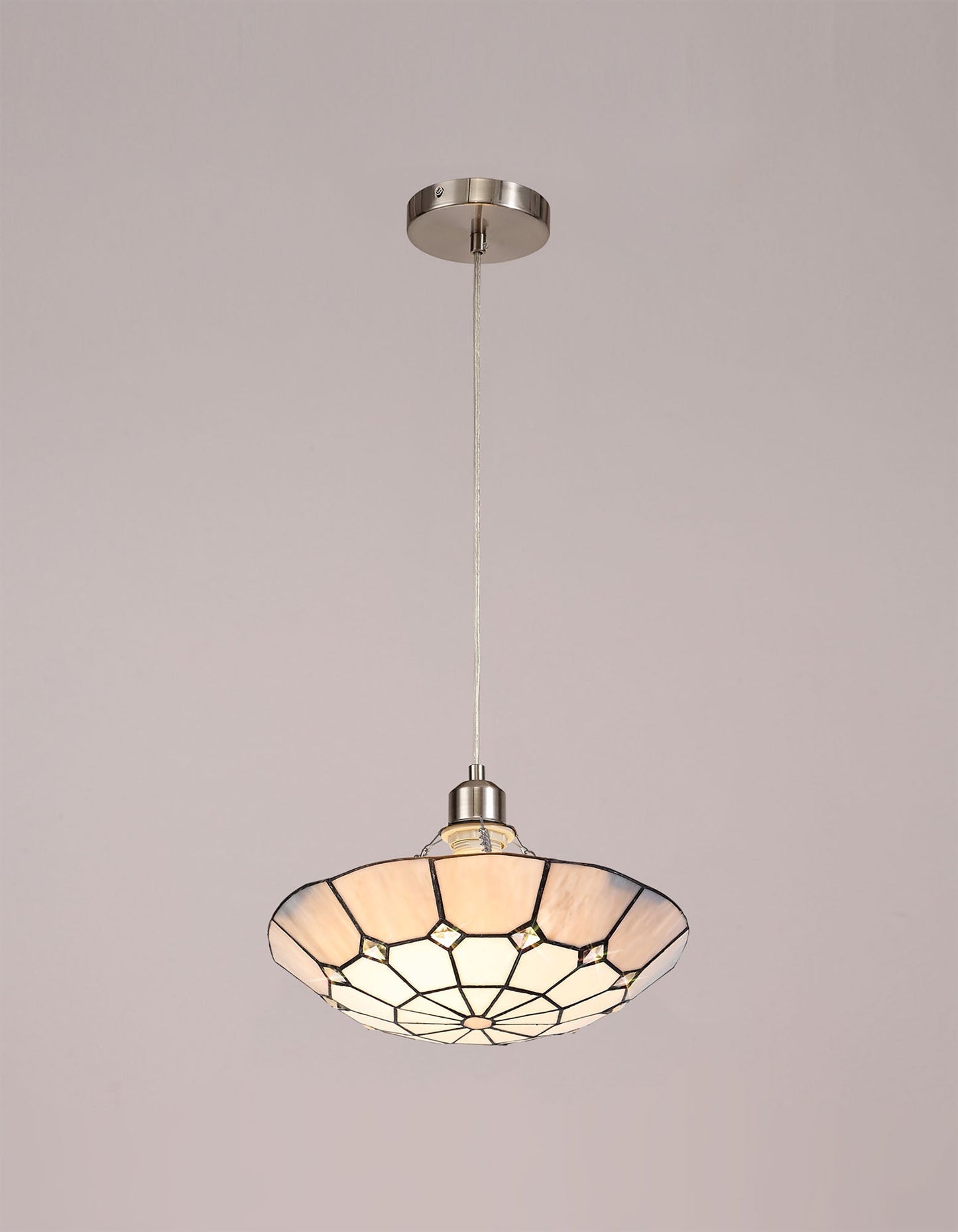 Saltney 1 Light Pendant E27 With 35cm Tiffany Shade, Cream and Grey and Crystal Centre and Satin Nickel Brass Trim and Satin Nickel