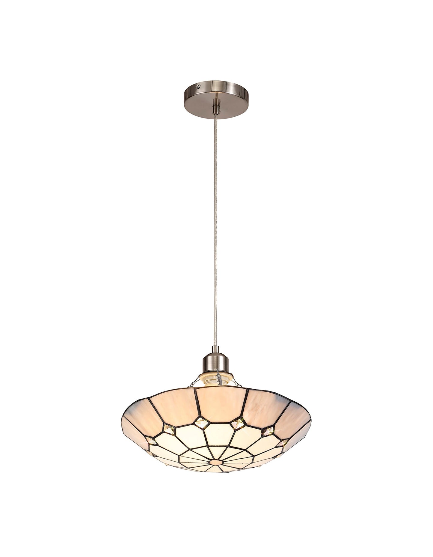 Saltney 1 Light Pendant E27 With 35cm Tiffany Shade, Cream and Grey and Crystal Centre and Satin Nickel Brass Trim and Satin Nickel