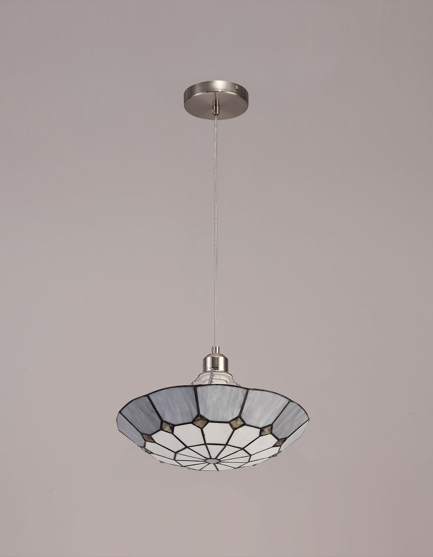 Saltney 1 Light Pendant E27 With 35cm Tiffany Shade, Cream and Grey and Crystal Centre and Satin Nickel Brass Trim and Satin Nickel