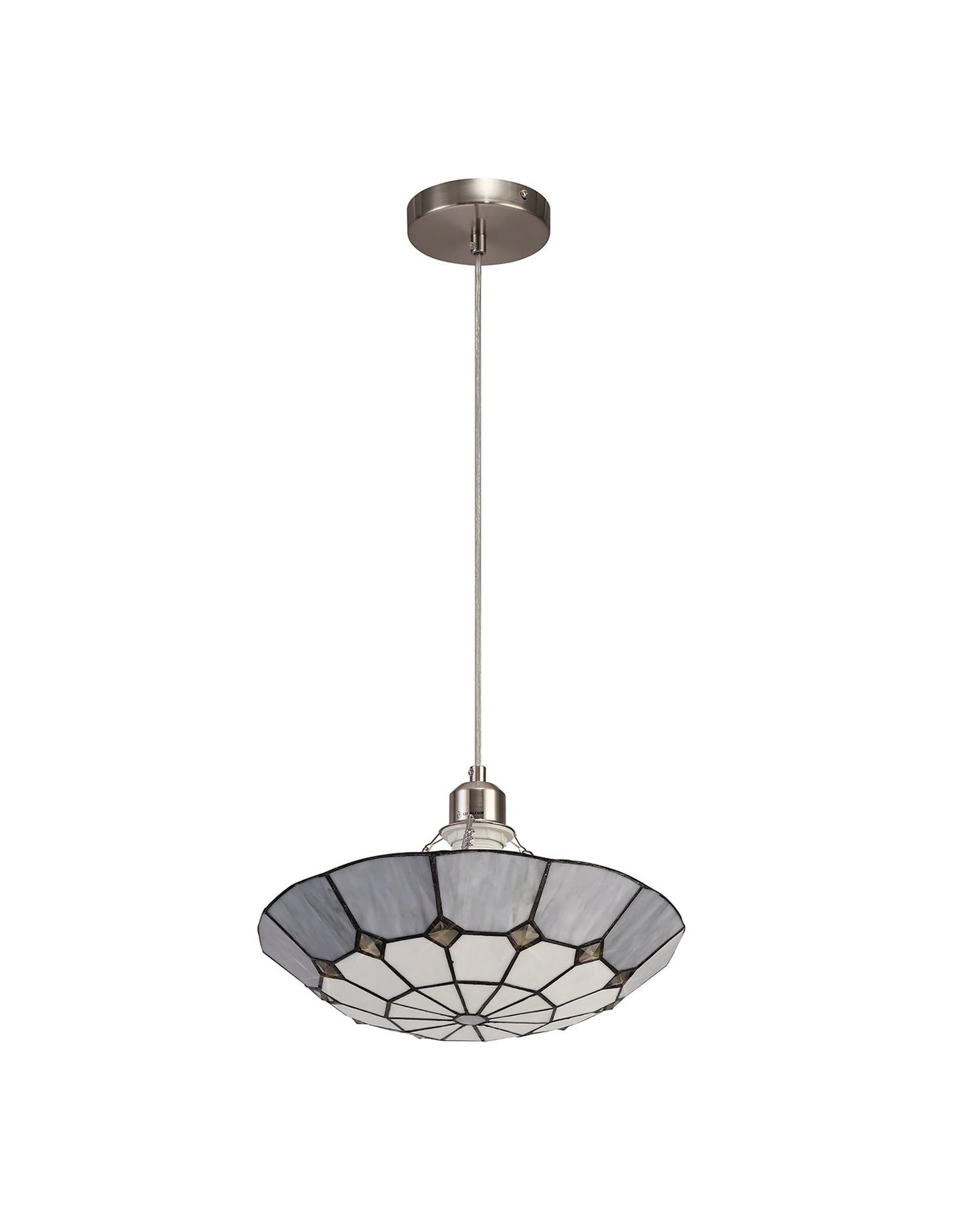 Saltney 1 Light Pendant E27 With 35cm Tiffany Shade, Cream and Grey and Crystal Centre and Satin Nickel Brass Trim and Satin Nickel