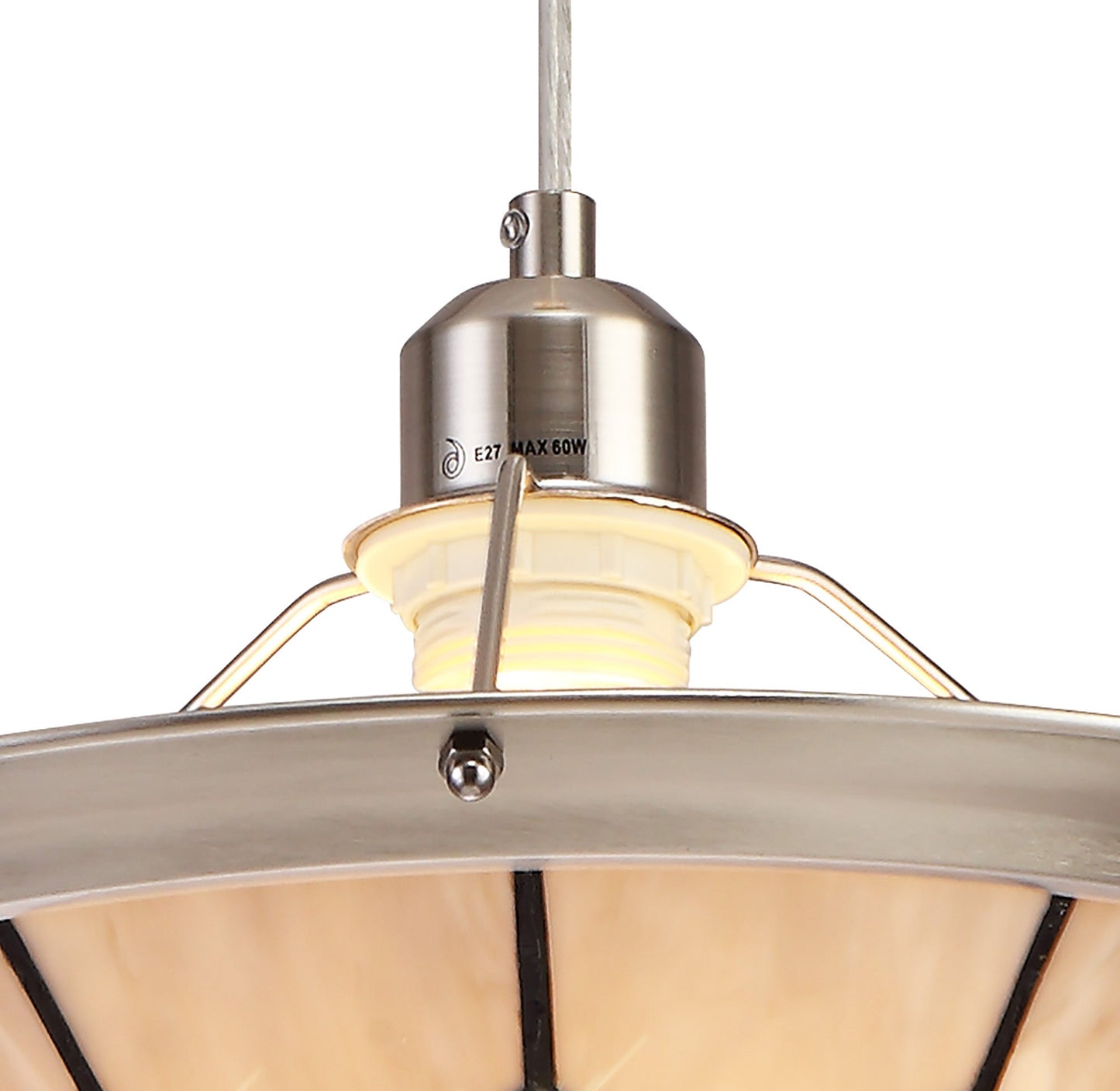 Saltney 1 Light Pendant E27 With 35cm Tiffany Shade, Cream and Grey and Crystal Centre and Satin Nickel Brass Trim and Satin Nickel