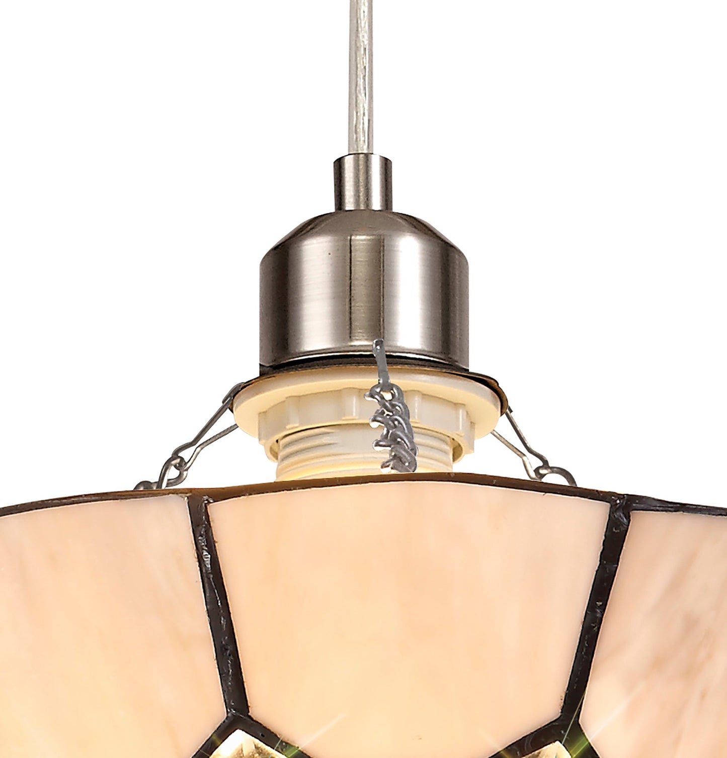 Saltney 1 Light Pendant E27 With 35cm Tiffany Shade, Cream and Grey and Crystal Centre and Satin Nickel Brass Trim and Satin Nickel