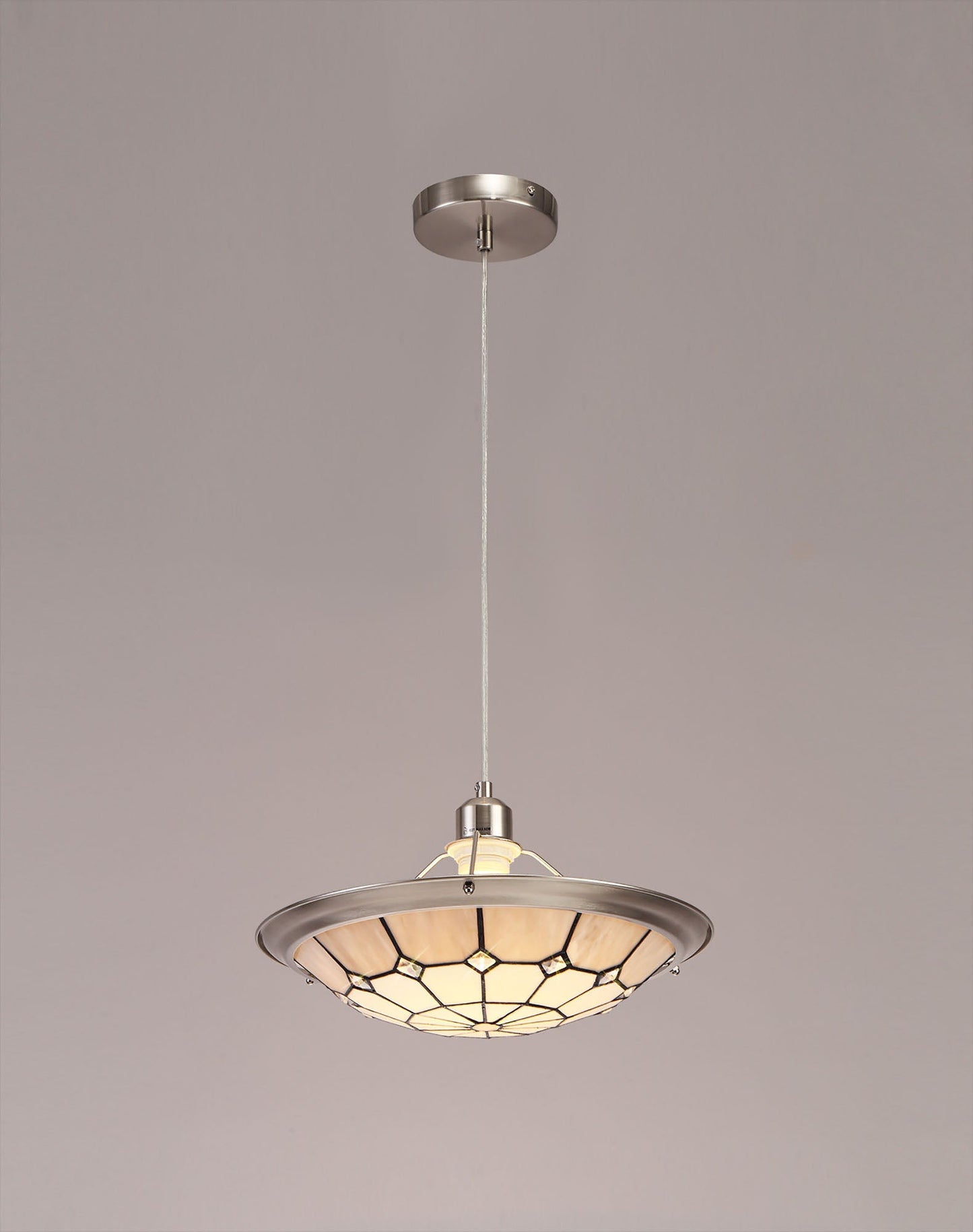 Saltney 1 Light Pendant E27 With 35cm Tiffany Shade, Cream and Grey and Crystal Centre and Satin Nickel Brass Trim and Satin Nickel