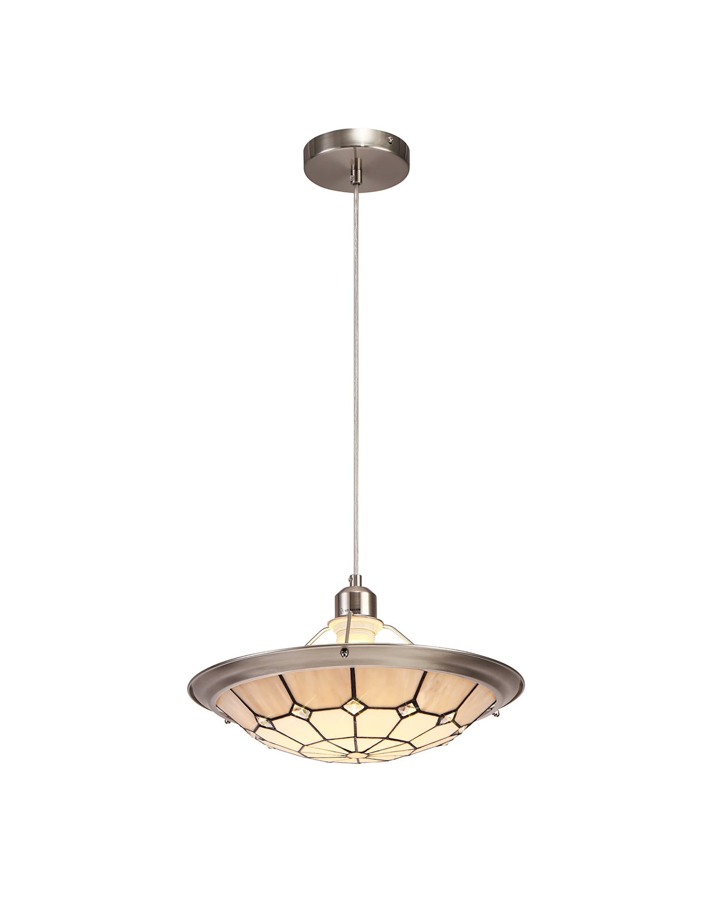 Saltney 1 Light Pendant E27 With 35cm Tiffany Shade, Cream and Grey and Crystal Centre and Satin Nickel Brass Trim and Satin Nickel