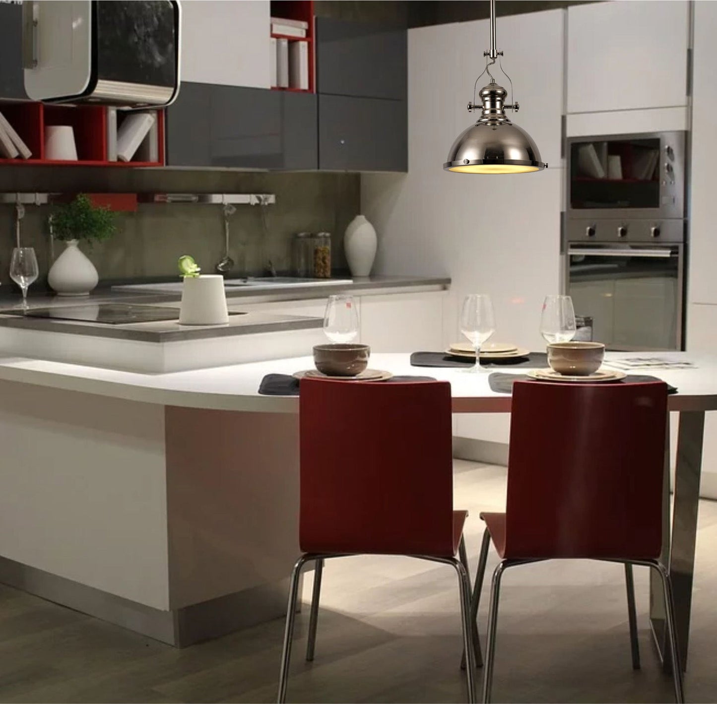 Stanley 1 Light Pendant E27 With 30cm Flat Round Glass Shade, Polished Nickel and Clear