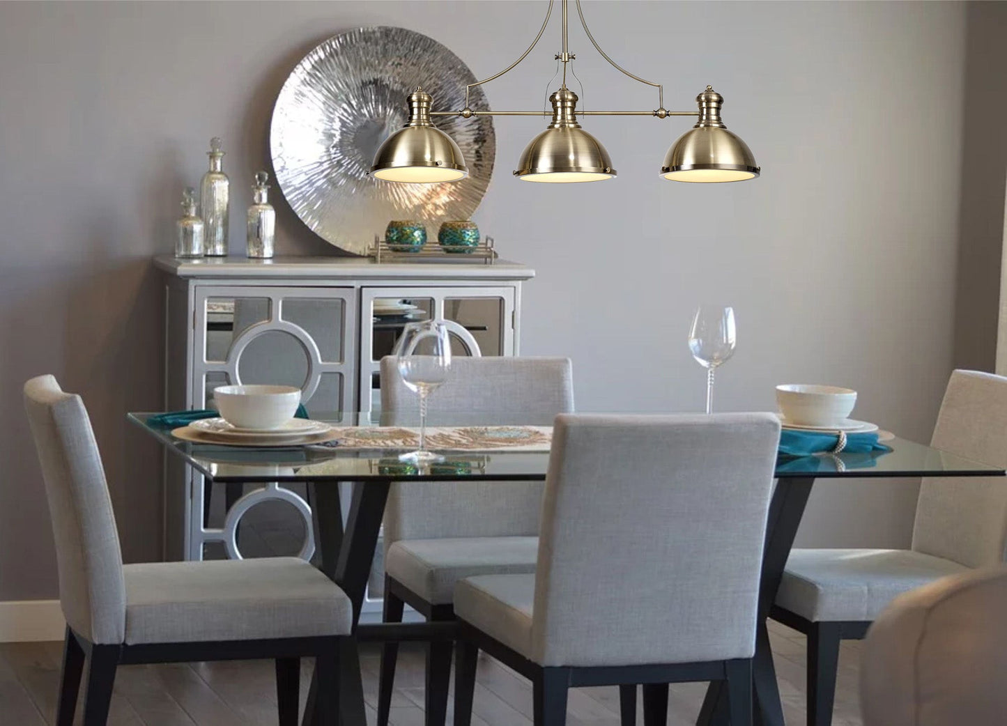 Stanley 1 Light Pendant E27 With 38cm Dome Glass Shade, Antique Brass and Clear