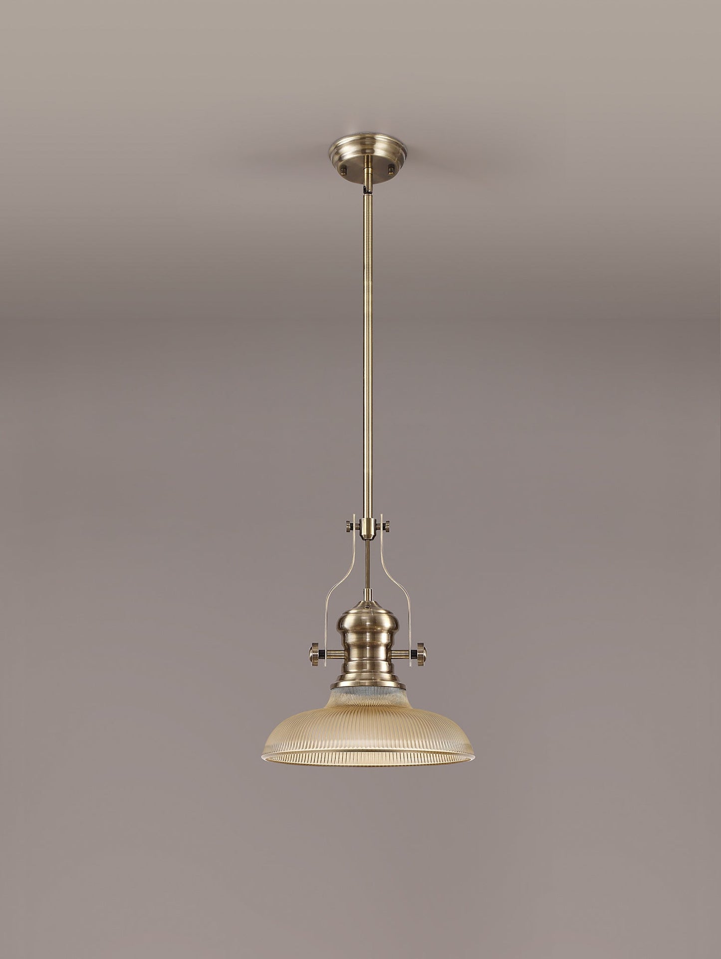 Stanley 1 Light Pendant E27 With 30cm Round Glass Shade, Antique Brass and Amber