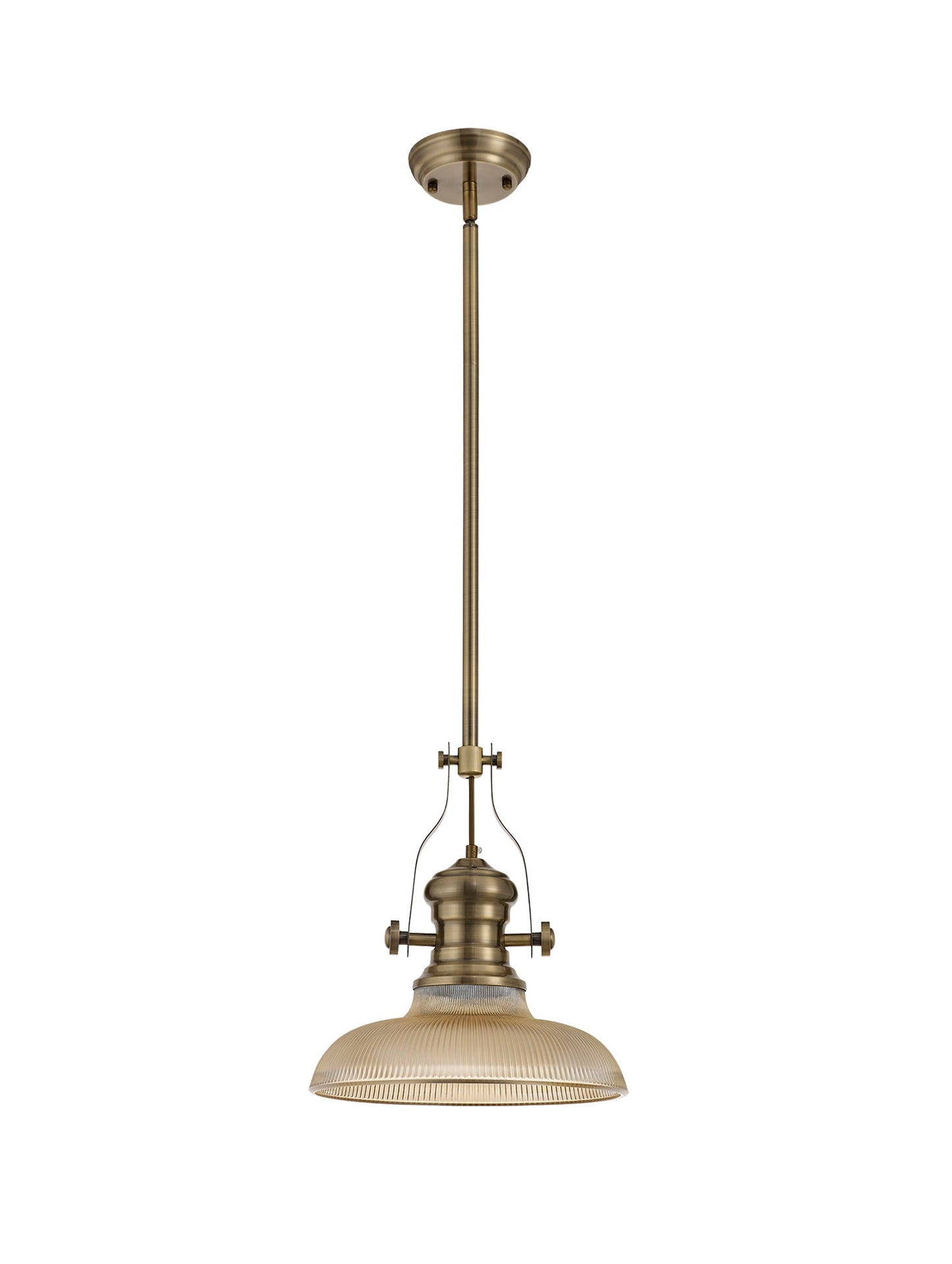 Stanley 1 Light Pendant E27 With 30cm Round Glass Shade, Antique Brass and Amber