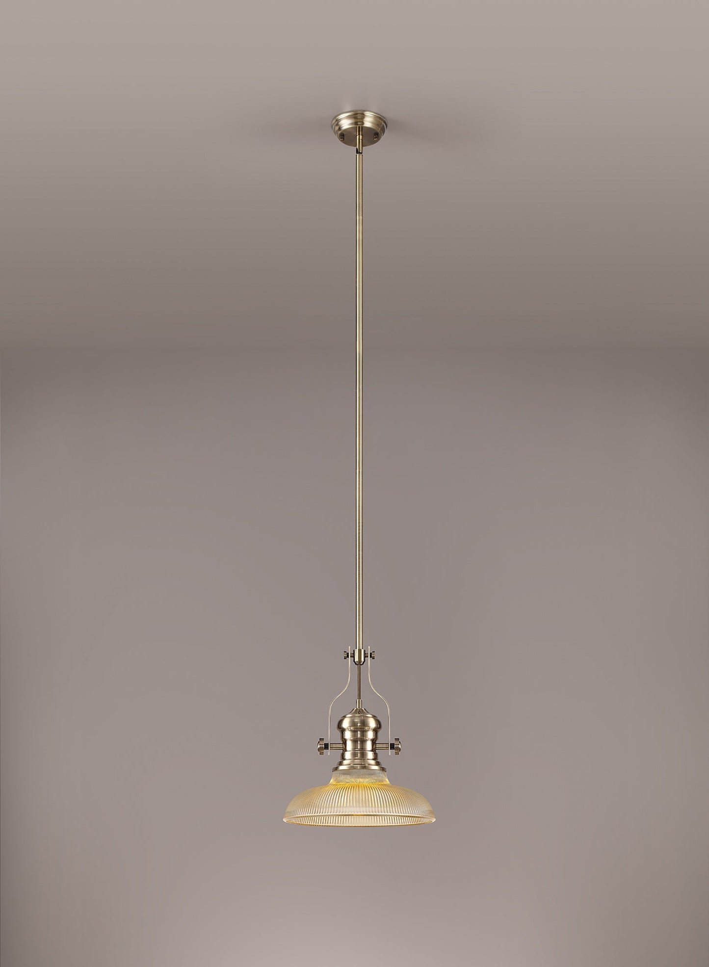 Stanley 1 Light Pendant E27 With 30cm Round Glass Shade, Antique Brass and Amber