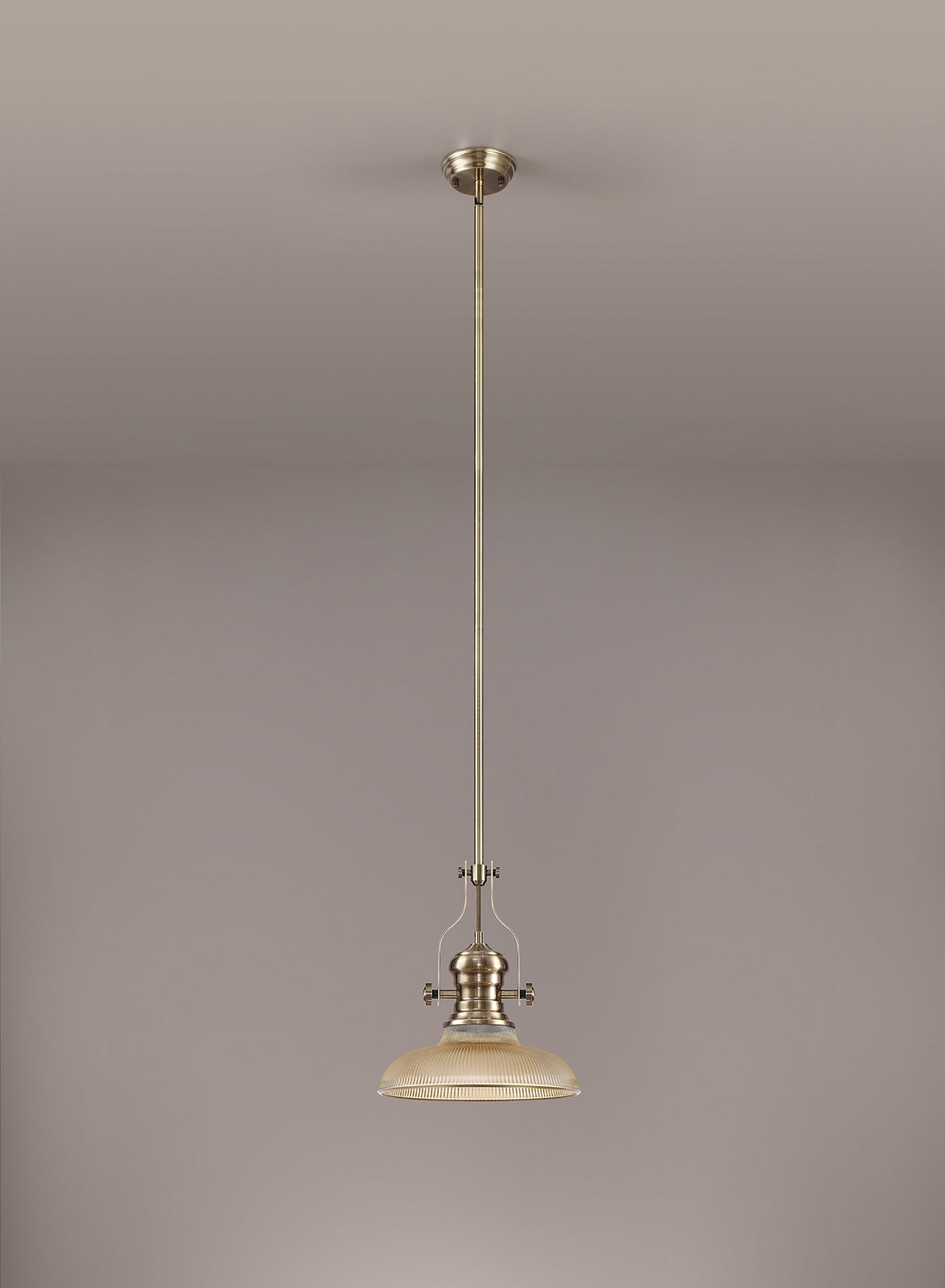 Stanley 1 Light Pendant E27 With 30cm Round Glass Shade, Antique Brass and Amber