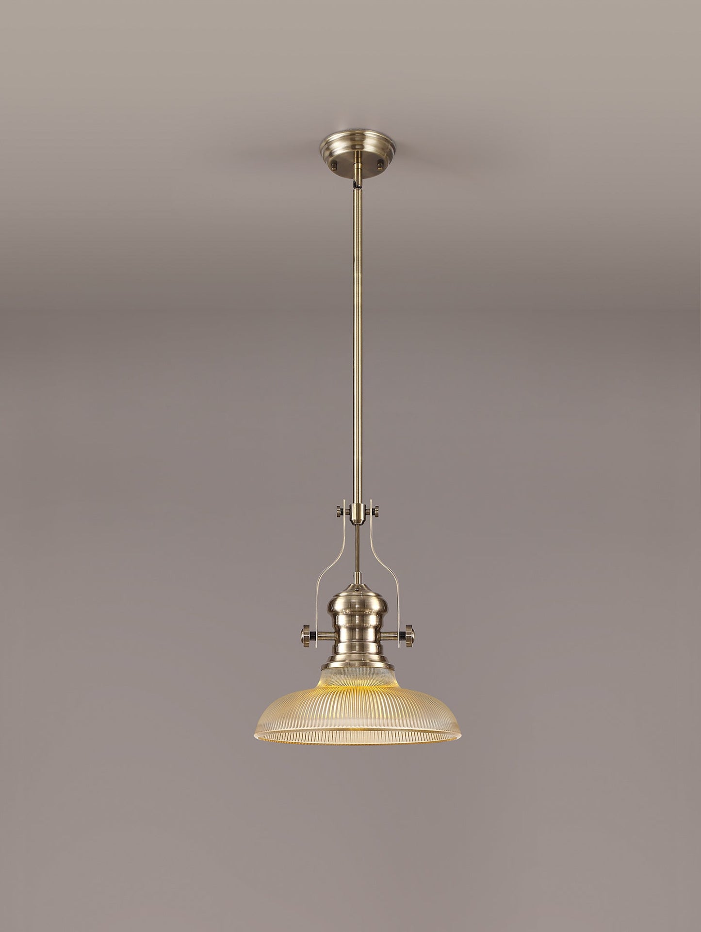 Stanley 1 Light Pendant E27 With 30cm Round Glass Shade, Antique Brass and Amber