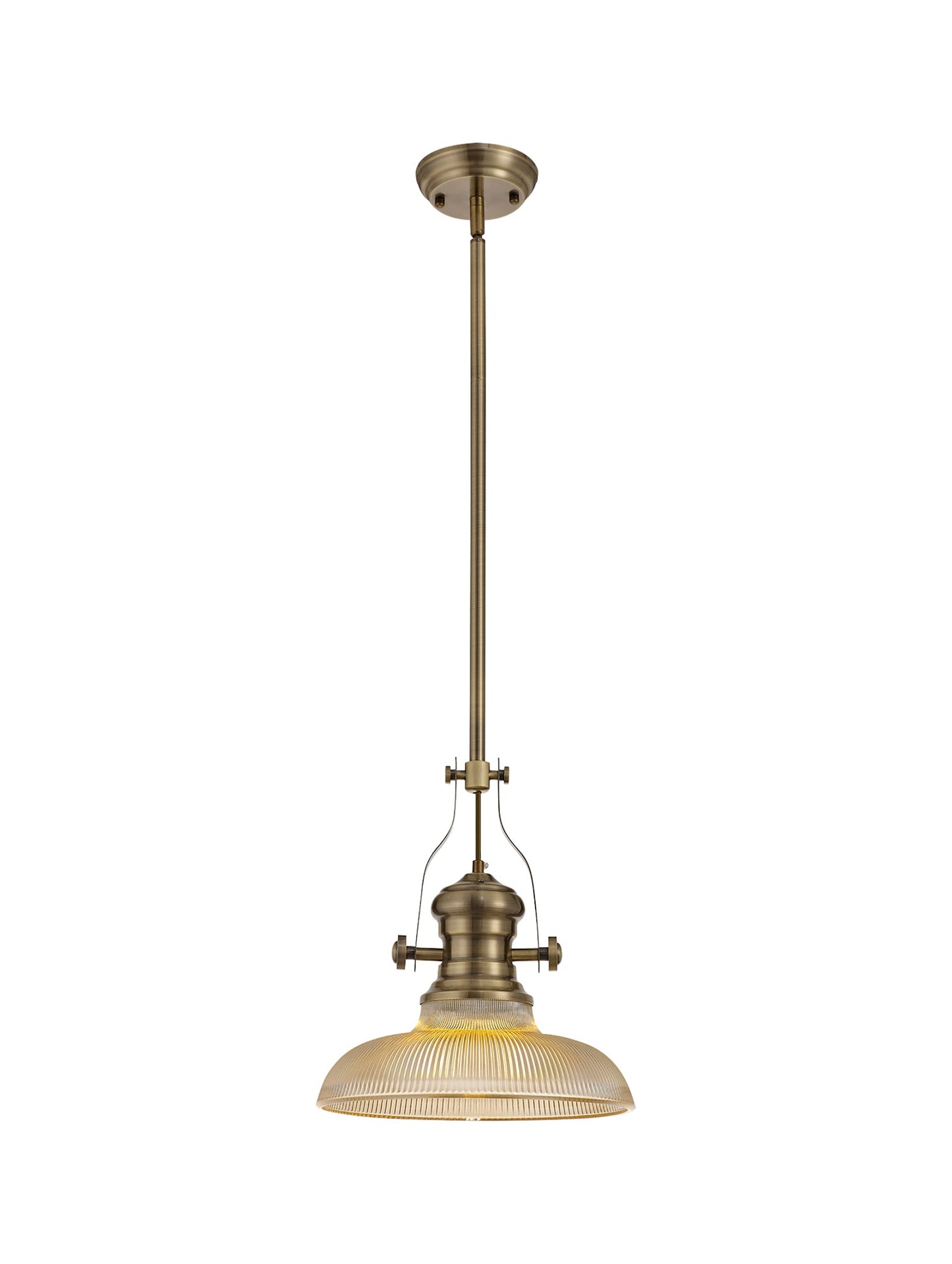 Stanley 1 Light Pendant E27 With 30cm Round Glass Shade, Antique Brass and Amber
