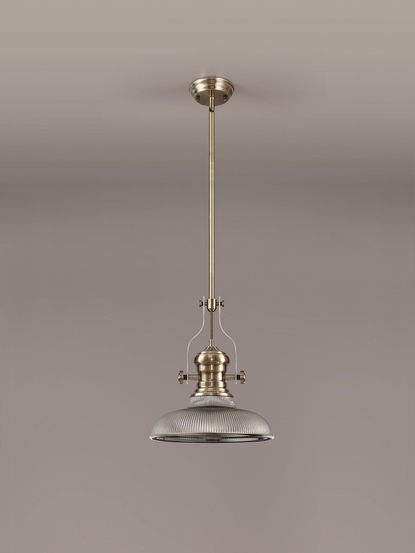 Stanley 1 Light Pendant E27 With 30cm Round Glass Shade, Antique Brass and Smoked
