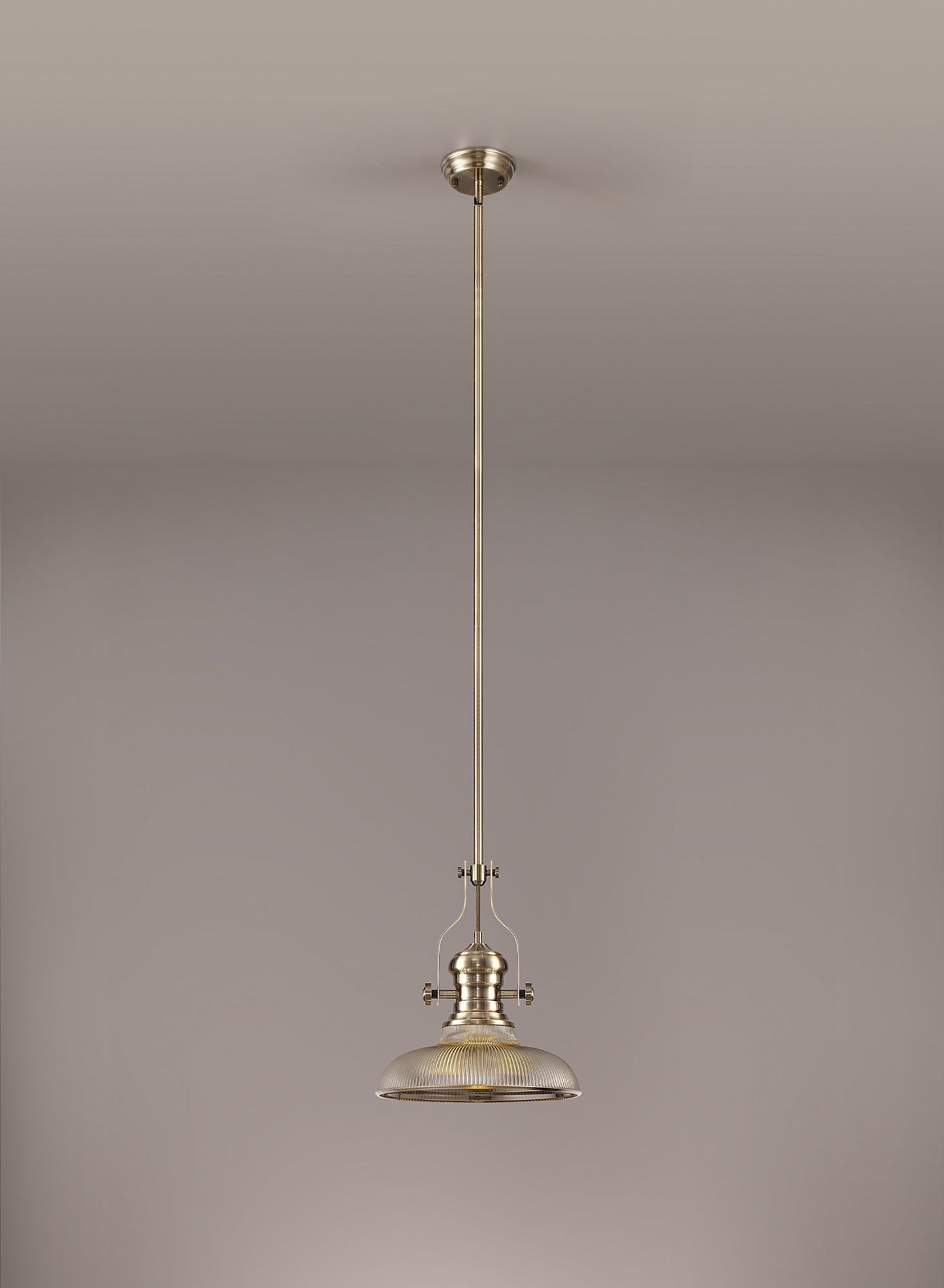 Stanley 1 Light Pendant E27 With 30cm Round Glass Shade, Antique Brass and Smoked