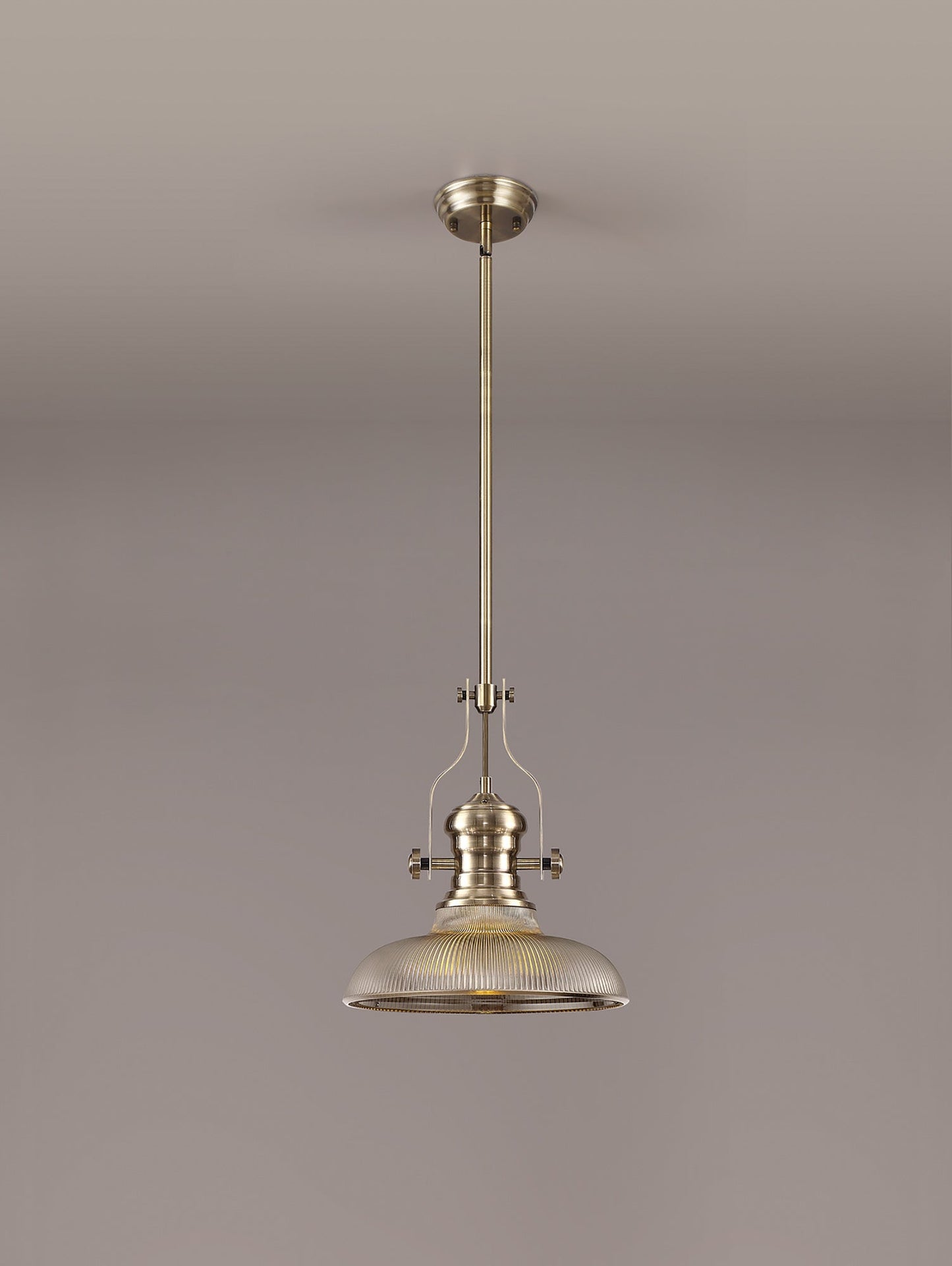 Stanley 1 Light Pendant E27 With 30cm Round Glass Shade, Antique Brass and Smoked