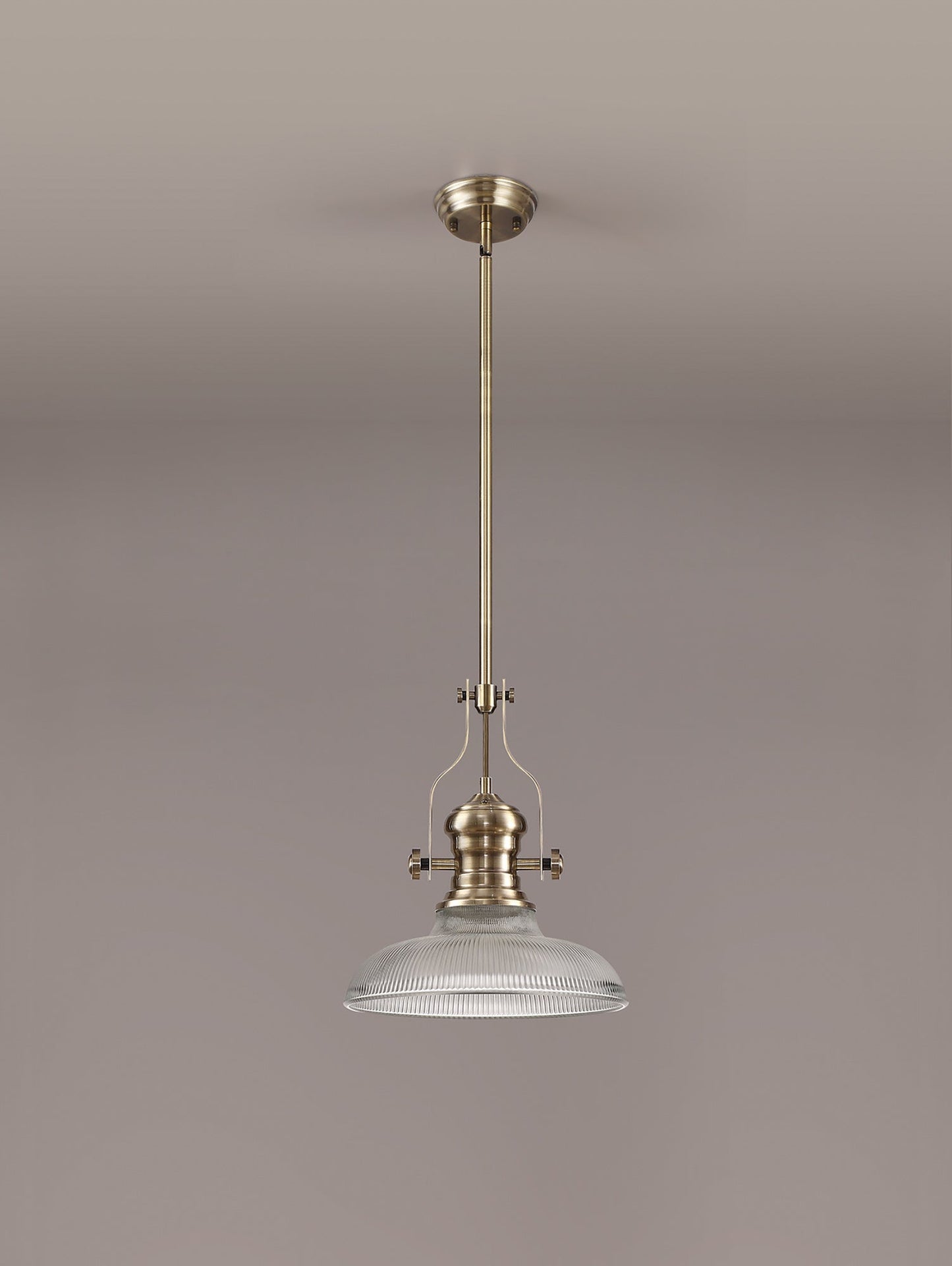 Stanley 1 Light Pendant E27 With 30cm Round Glass Shade, Antique Brass and Clear
