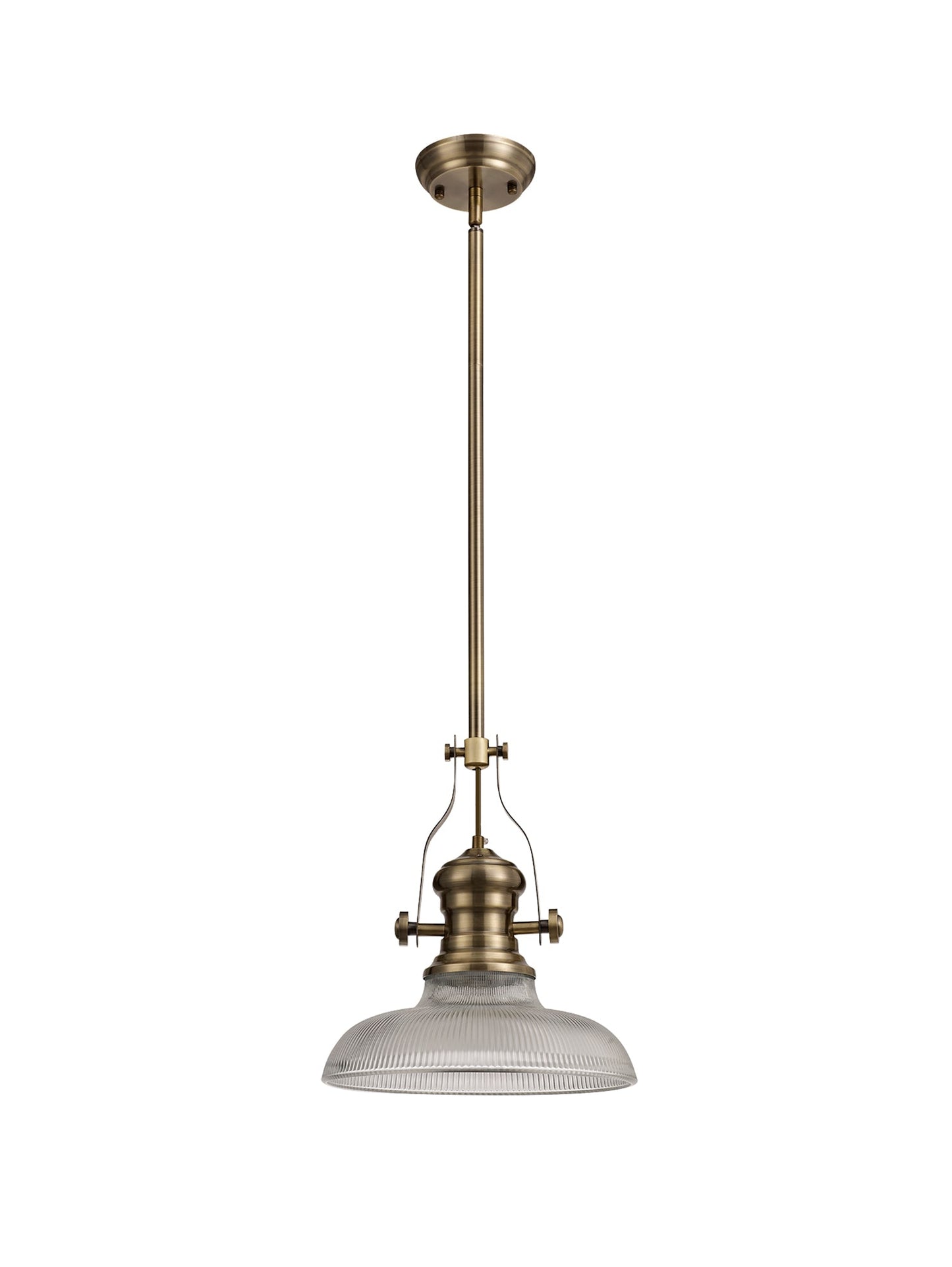 Stanley 1 Light Pendant E27 With 30cm Round Glass Shade, Antique Brass and Clear
