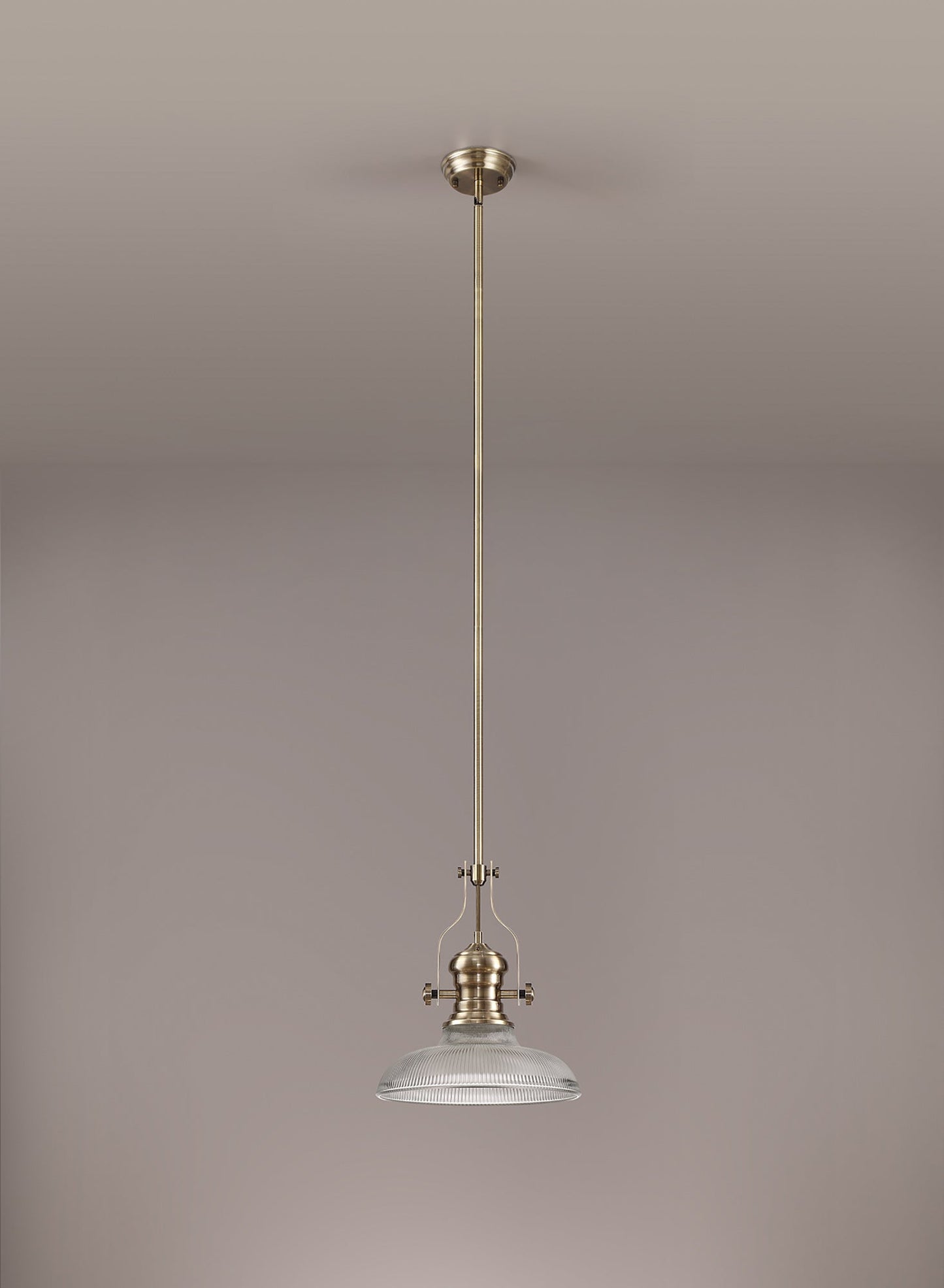 Stanley 1 Light Pendant E27 With 30cm Round Glass Shade, Antique Brass and Clear