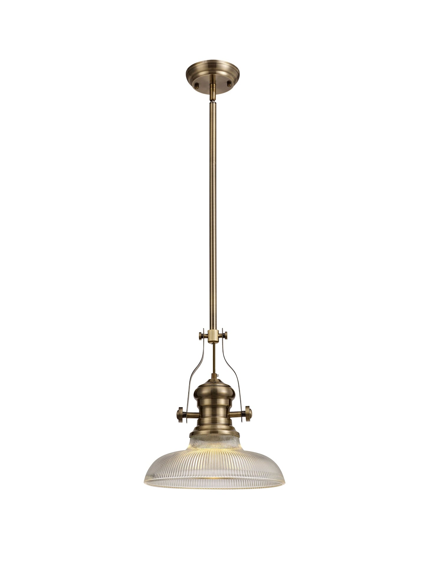 Stanley 1 Light Pendant E27 With 30cm Round Glass Shade, Antique Brass and Clear