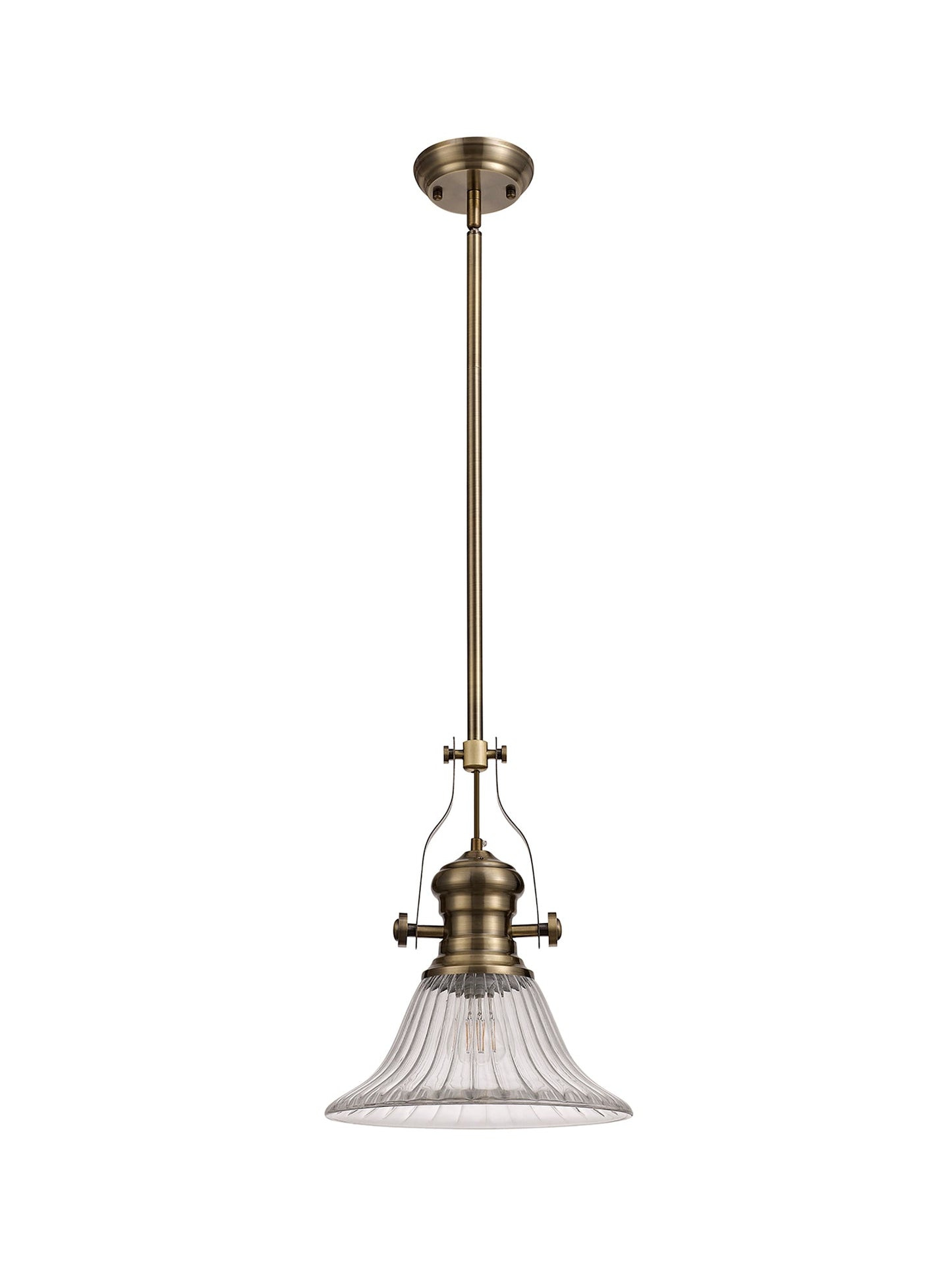 Stanley 1 Light Pendant E27 With 30cm Bell Glass Shade, Antique Brass and Clear