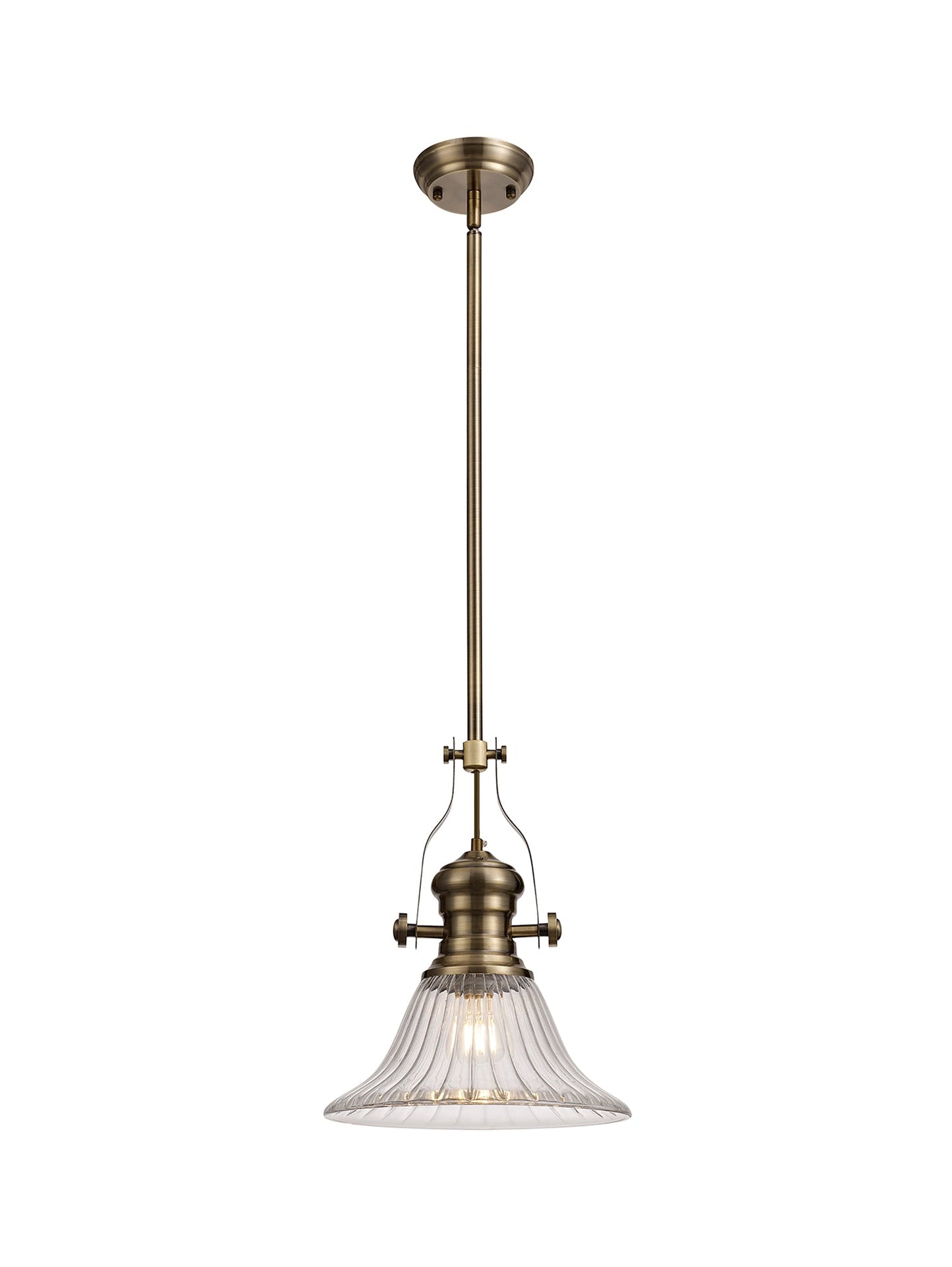 Stanley 1 Light Pendant E27 With 30cm Bell Glass Shade, Antique Brass and Clear