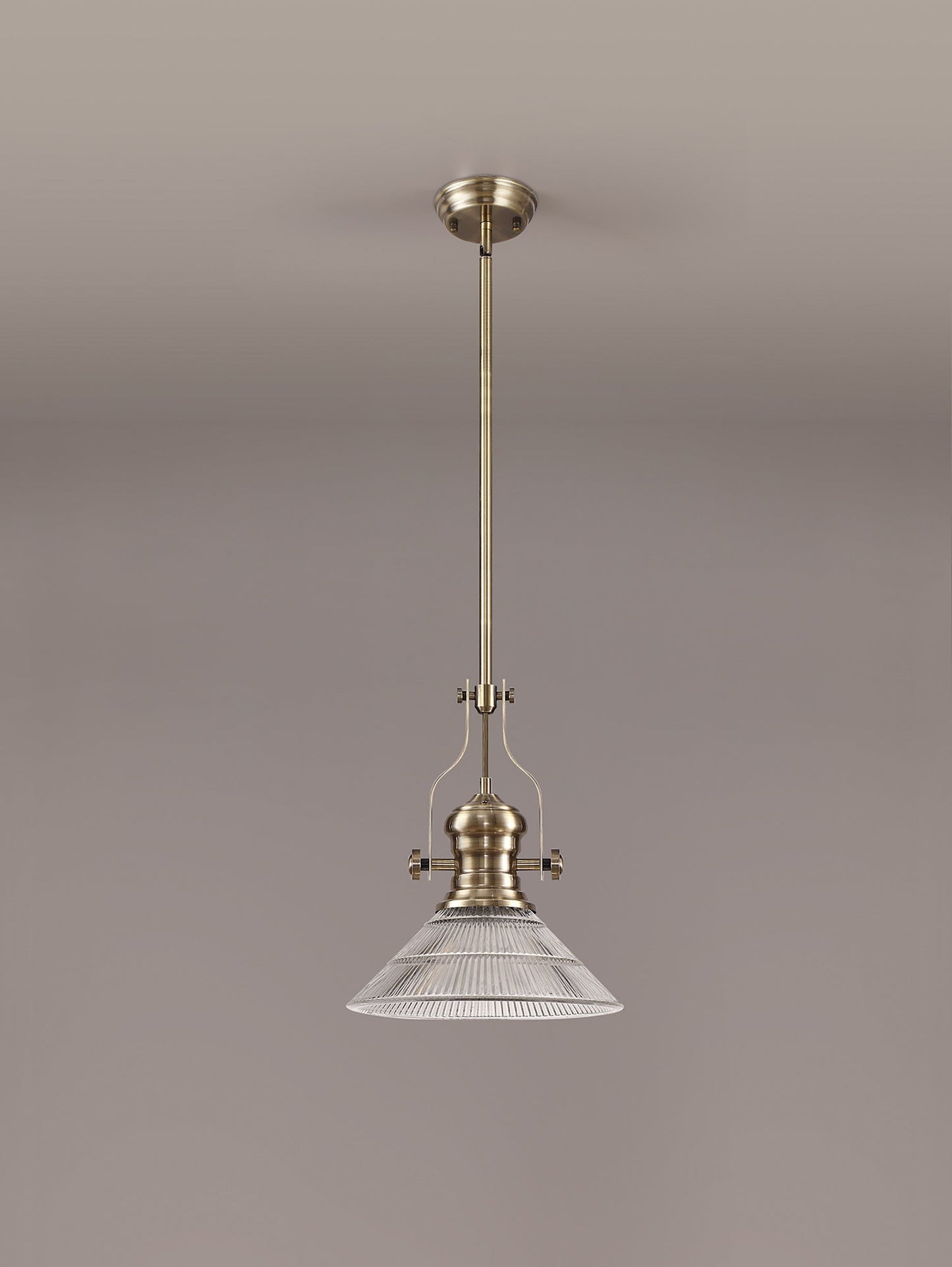 Stanley 1 Light Pendant E27 With 30cm Cone Glass Shade, Antique Brass and Clear