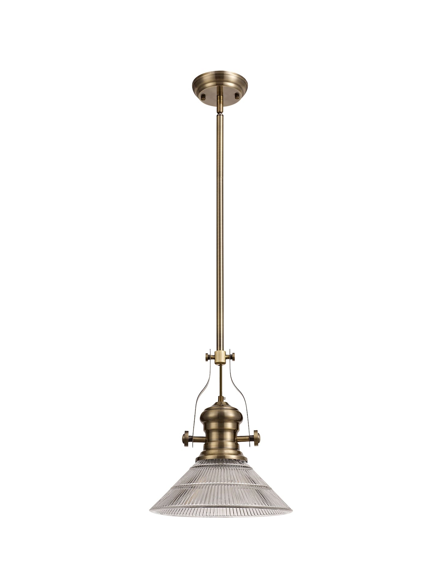 Stanley 1 Light Pendant E27 With 30cm Cone Glass Shade, Antique Brass and Clear